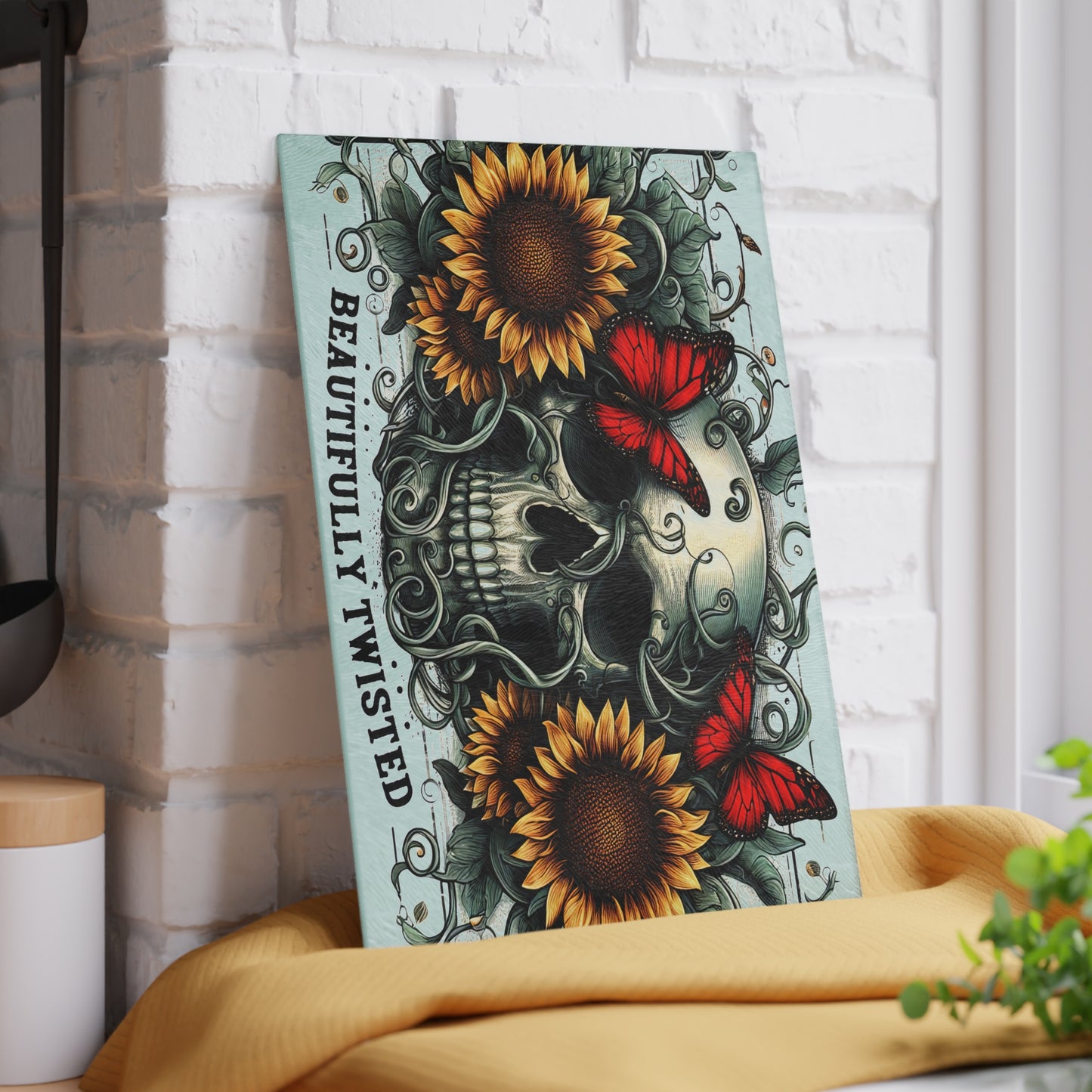 Beautifully Twisted Skull Glass Cutting Board with Sunflowers and Butterflies