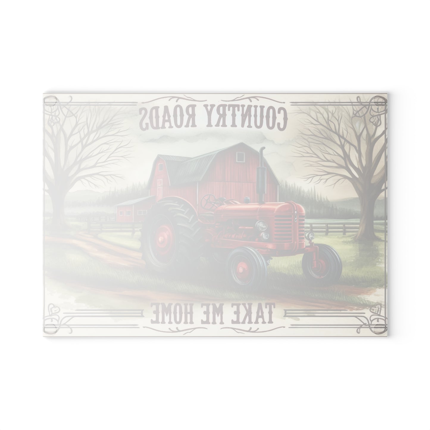 Rustic Farmhouse Glass Cutting Board with "Country Roads Take Me Home" Design