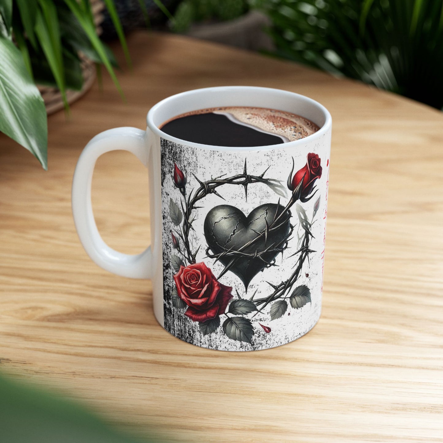 Valentine Ceramic Mug - "Will You Be My Valentine" Gothic Red Rose & Thorn Design with 'Valentine' Hearts (11oz/15oz)