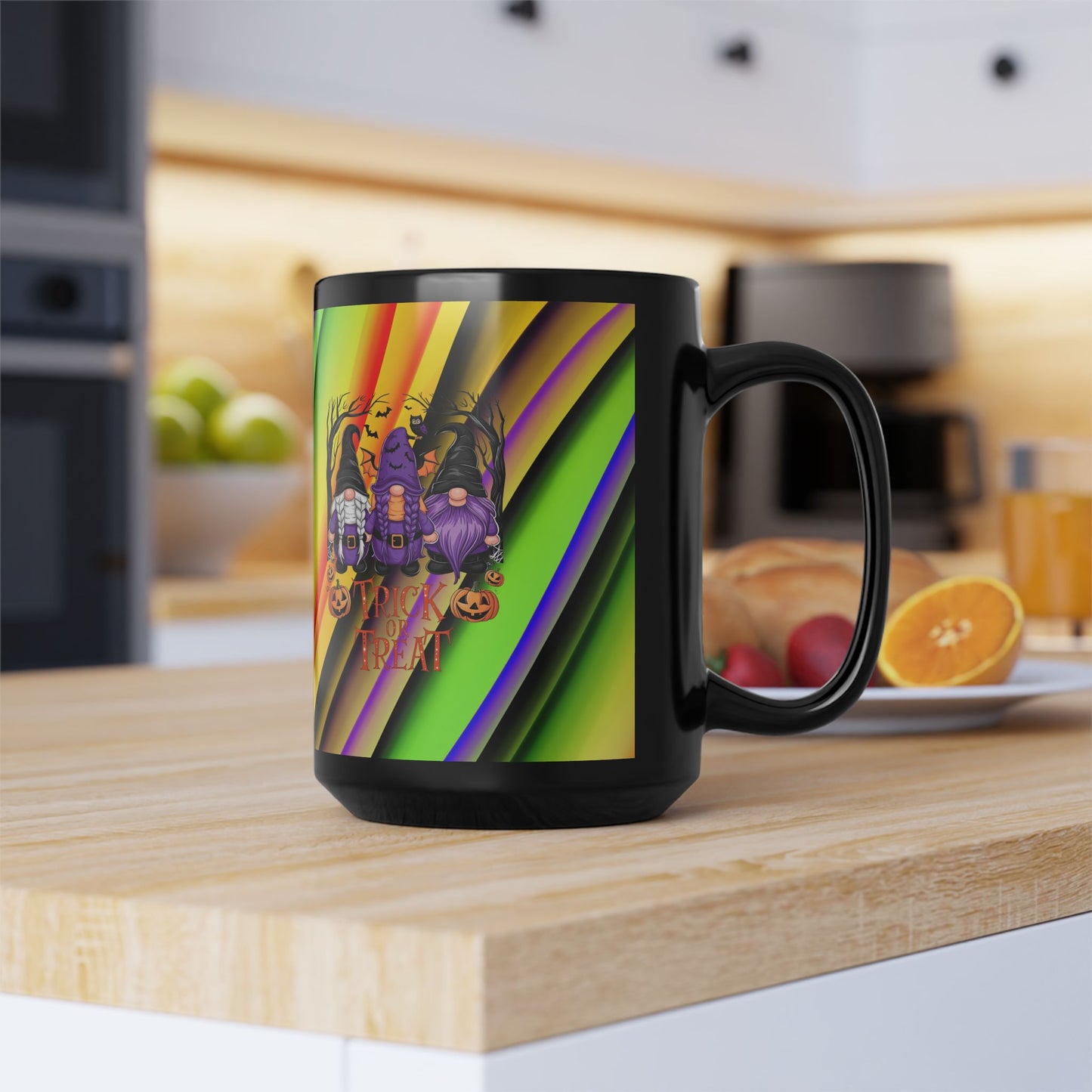 Halloween Theme Black Mug (11oz, 15oz), Cute Halloween Expression with Gnomes, Halloween Lovers, Gnome Lovers, Coffee, Tea, Hot Chocolate Lovers Gift Idea