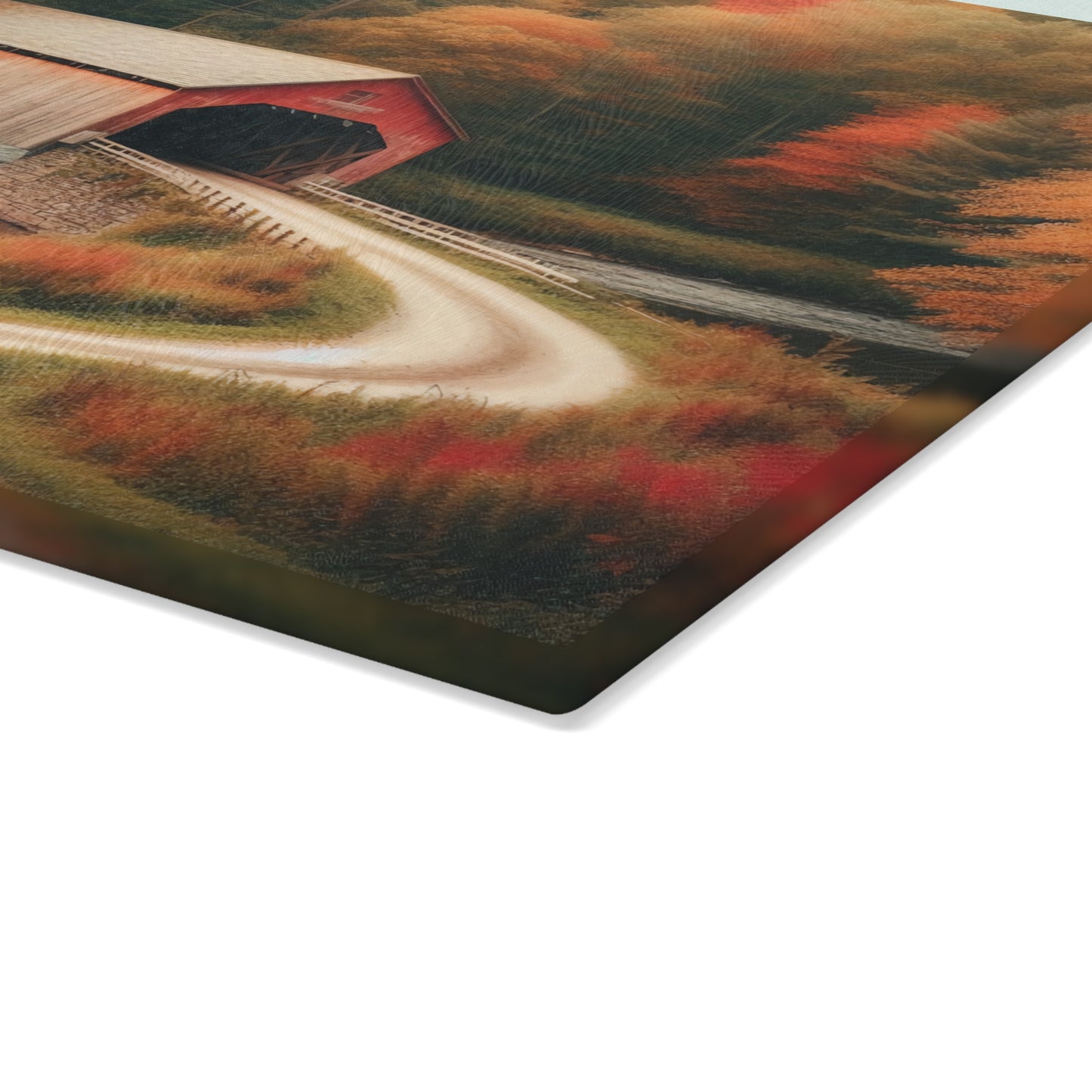 Autumn Inspired Glass Cutting Board with Rustic Covered Bridge Design