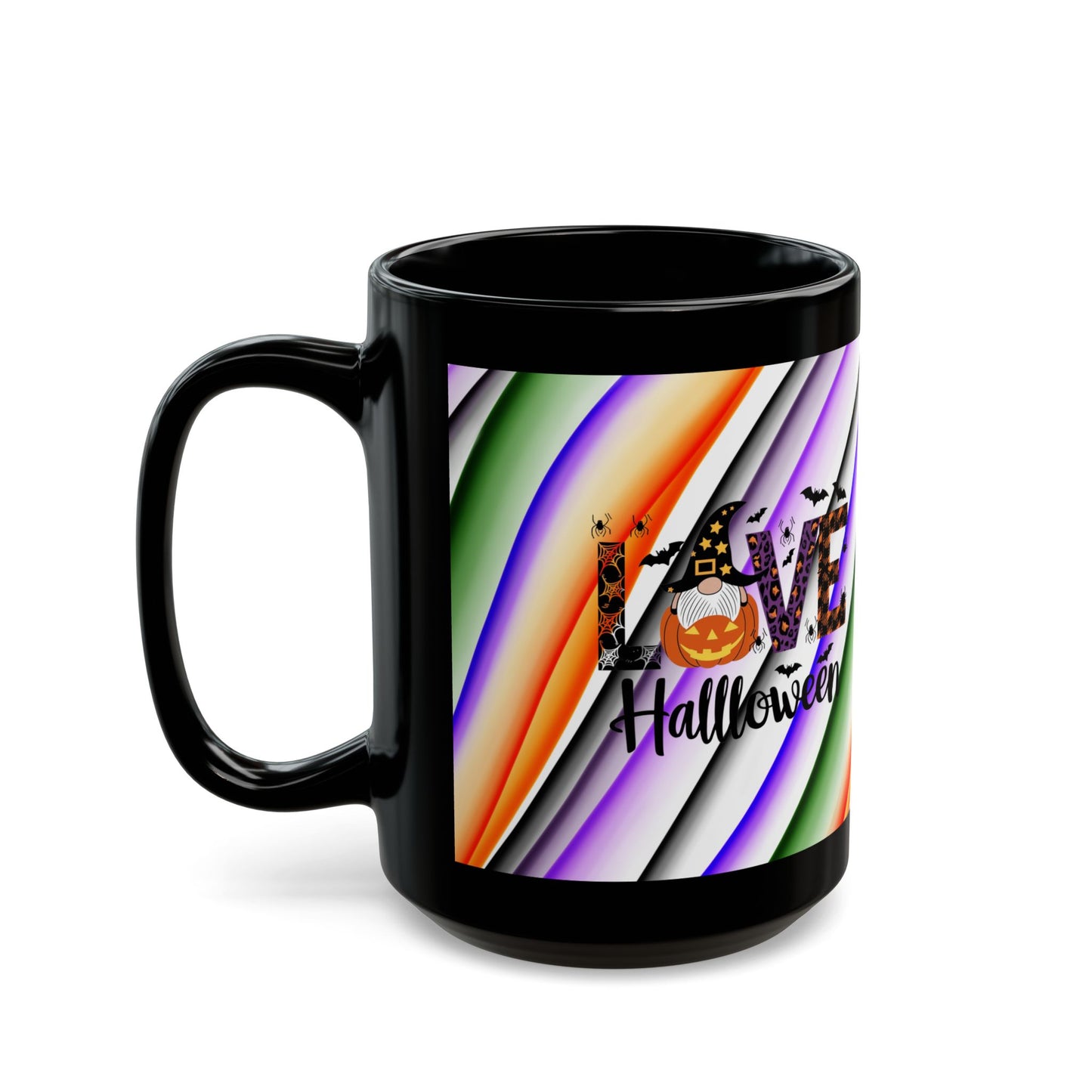 Halloween Theme with Gnome Black Mug (11oz, 15oz) Halloween Lovers, Coffee, Tea, Hot Chocolate lovers, Great Gift Idea for Any Occasion for Anyone