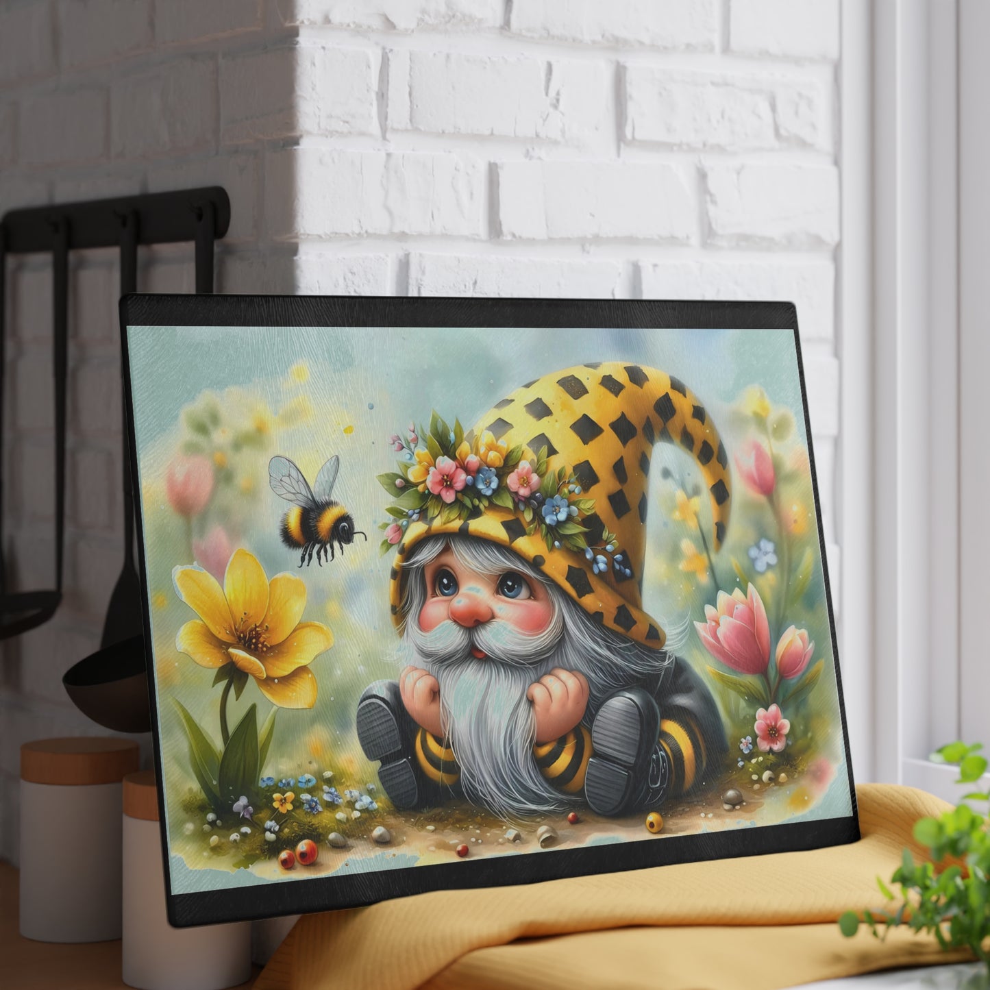 Glass Cutting Board — Cute Bee Gnome Floral Kitchen Cutting Board