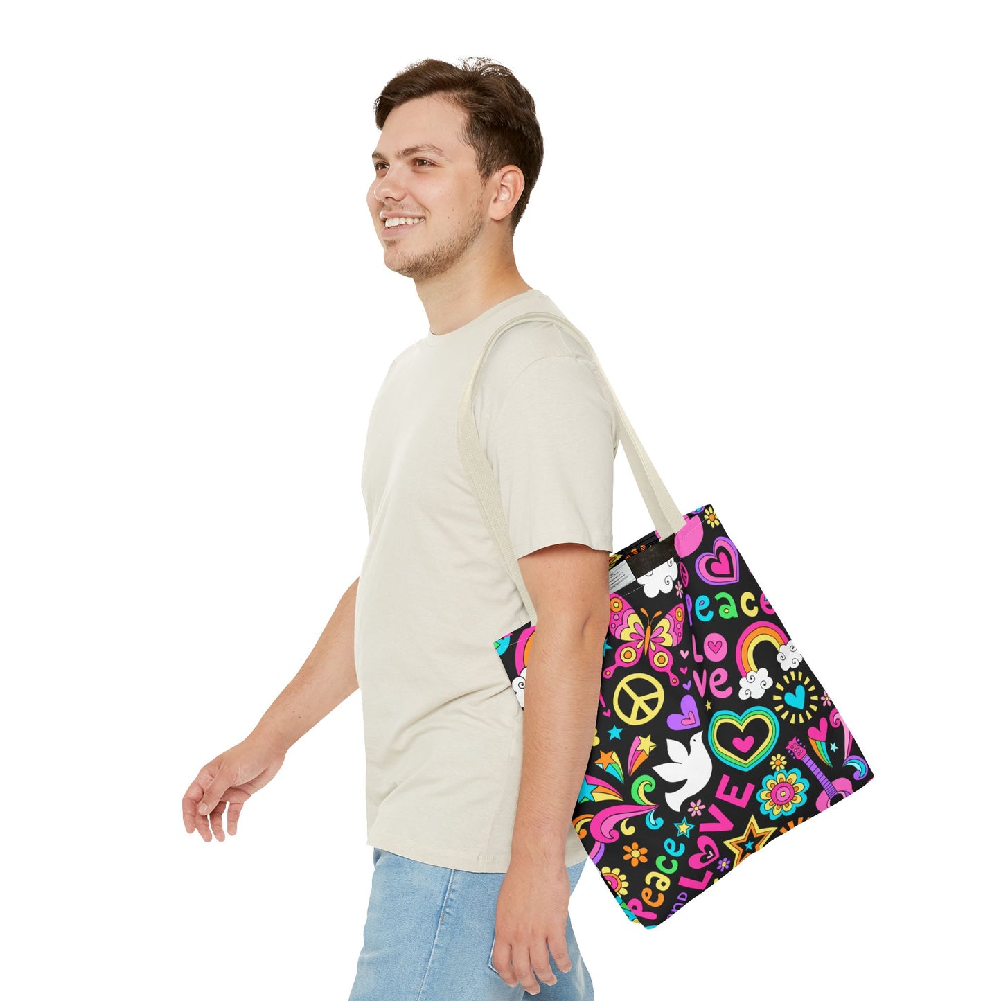 Fashionable Tote Bag (AOP), Stylish, Peace Lovers, Hippie Theme, Great Gift Idea for Birthdays, Holidays or Any Occasion for Anyone
