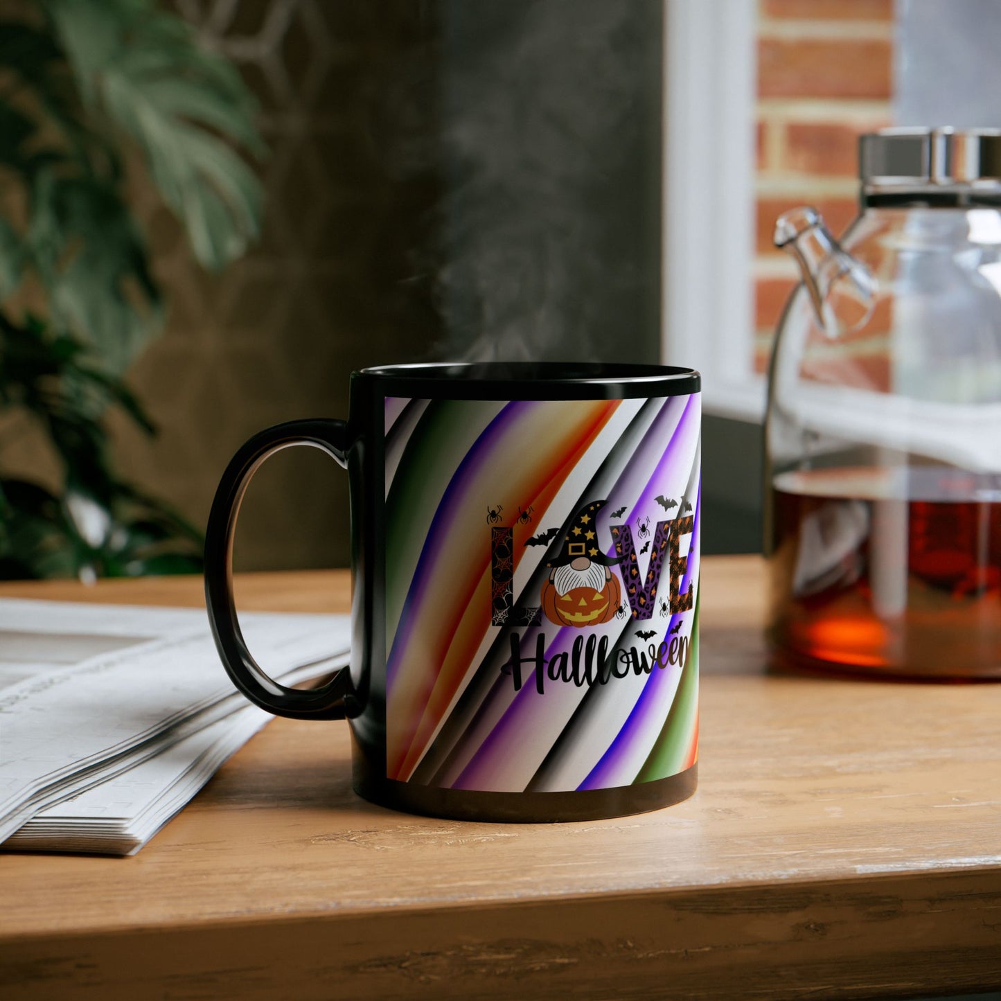 Halloween Theme with Gnome Black Mug (11oz, 15oz) Halloween Lovers, Coffee, Tea, Hot Chocolate lovers, Great Gift Idea for Any Occasion for Anyone