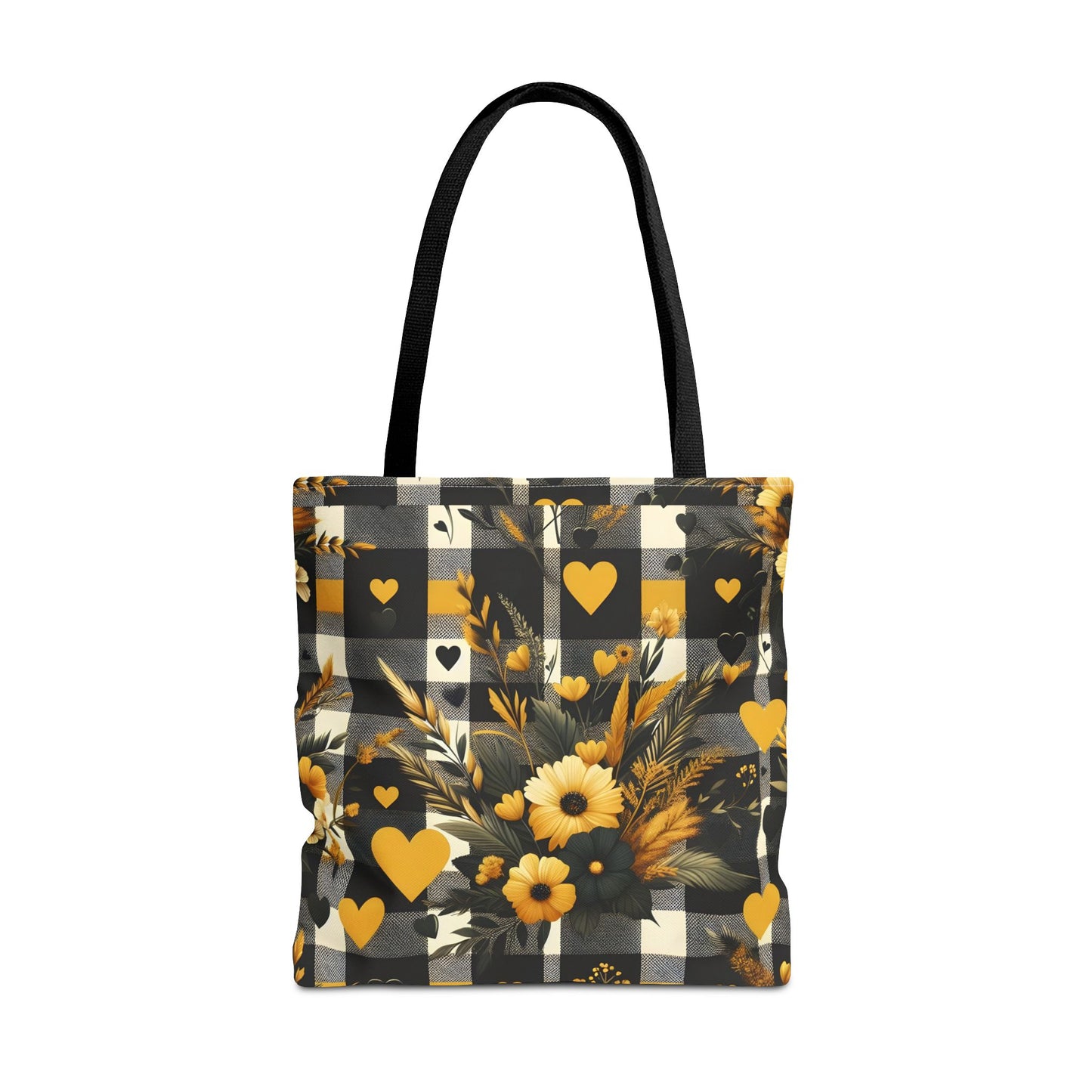 Stylish Yellow and Black Plaid Pattern with Floral and Hearts Tote Bag(AOP)