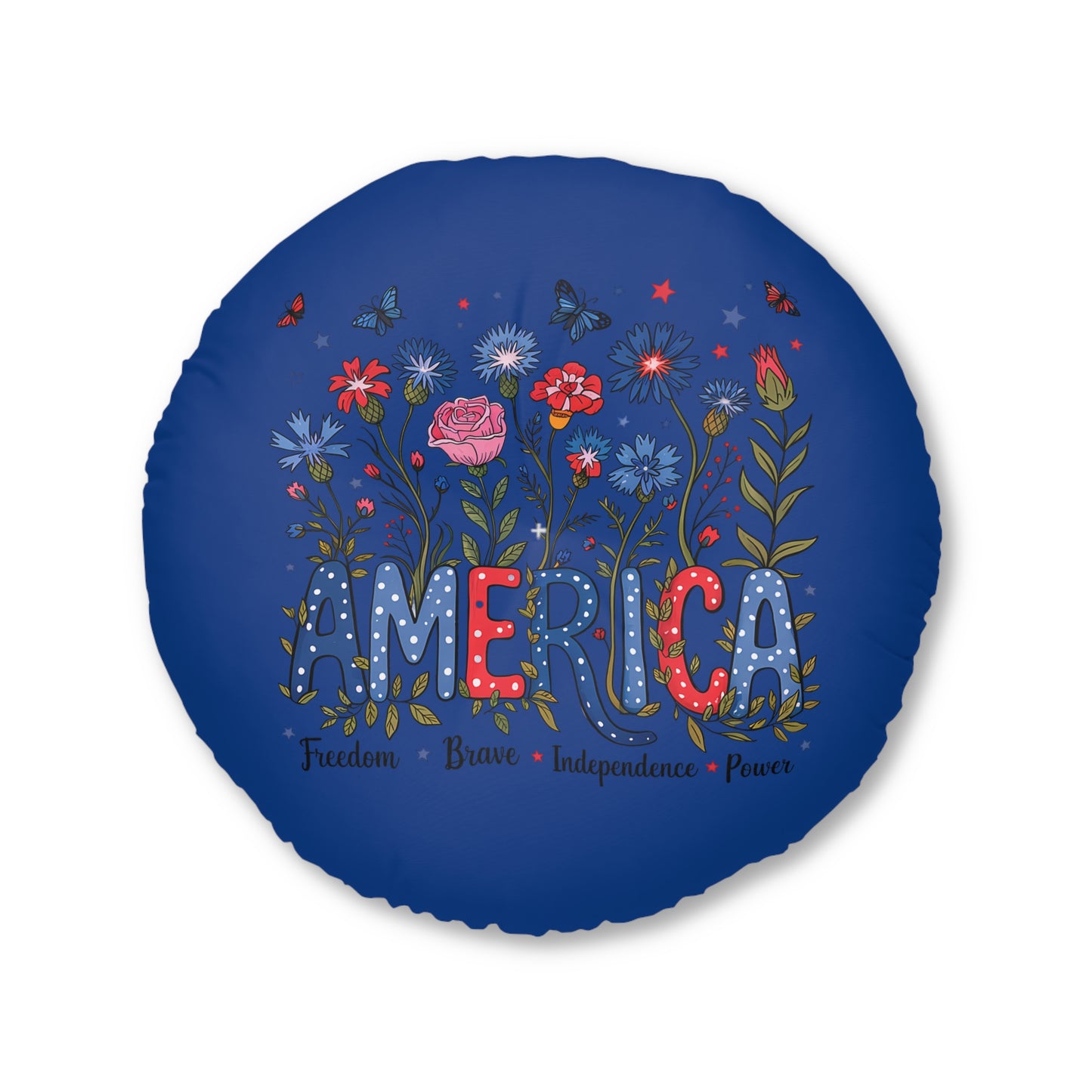 Patriotic Tufted Floor Pillow, Round, Cozy Home Décor, Indoor Cushion, Fireworks Design, Perfect for Holidays and Celebrations