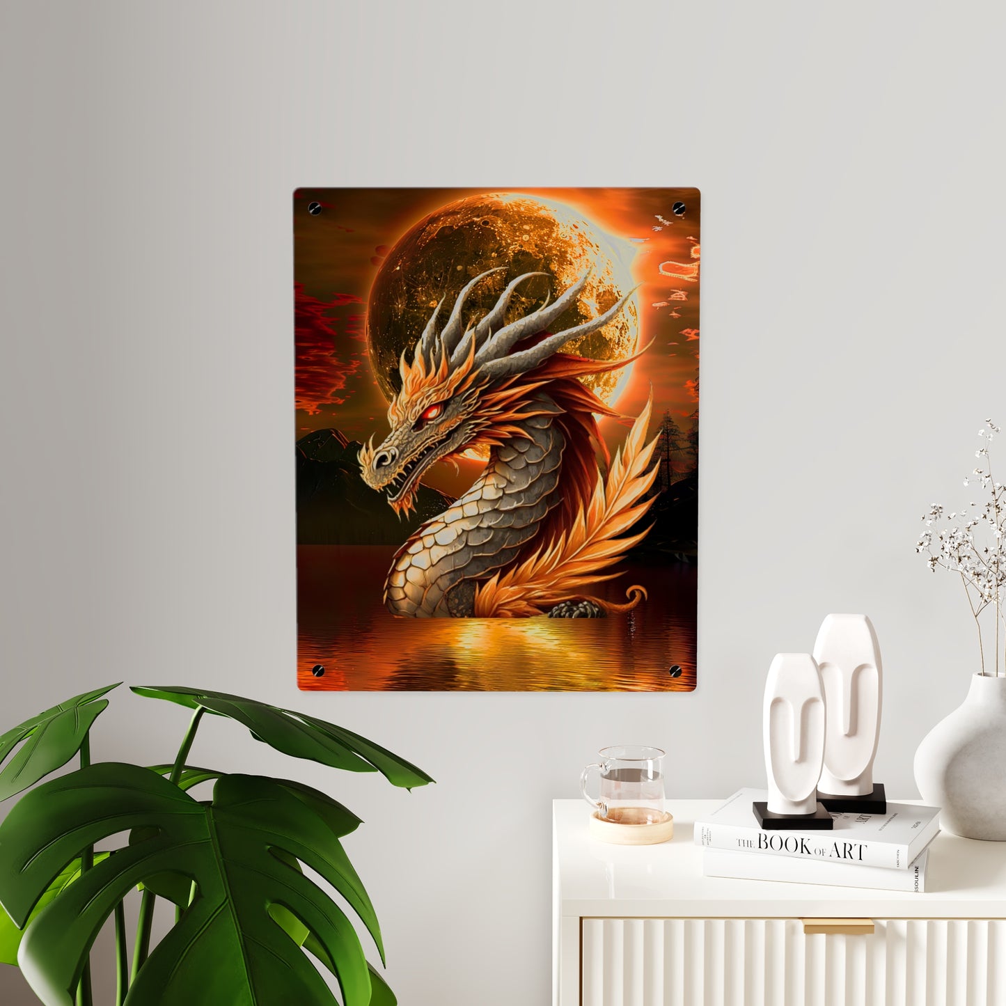Gothic Theme Acrylic Wall Art Panels, Beautiful Dragon with Moon Background Decor, Accent for Any Room, Dragon Lovers, for Anyone