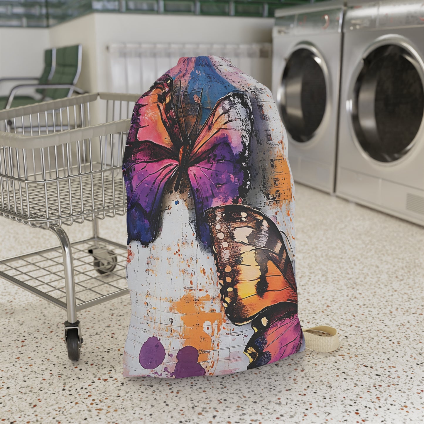 Butterfly Watercolor Laundry Bag — Colorful Drawstring Wash Bag for Travel & Dorm