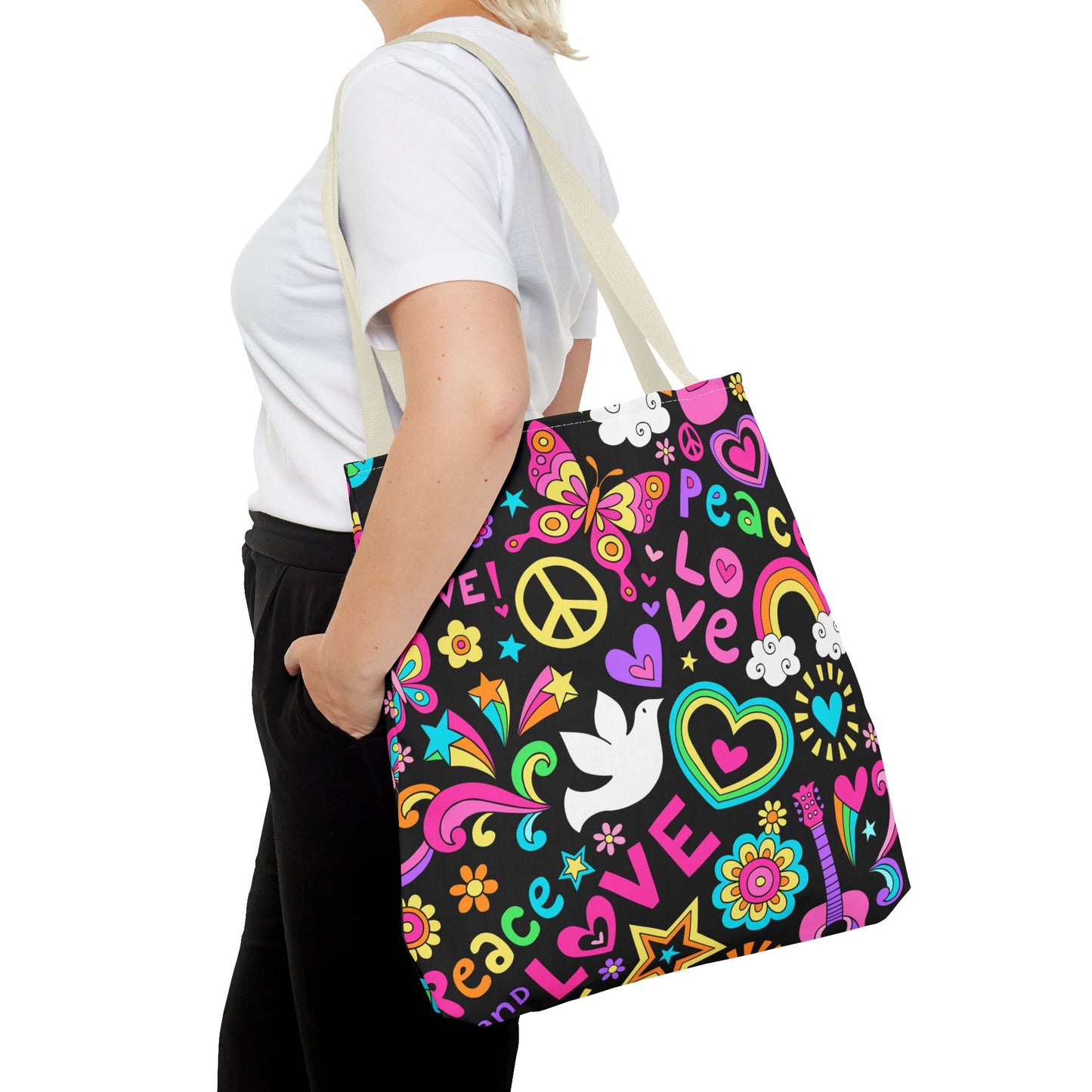 Fashionable Tote Bag (AOP), Stylish, Peace Lovers, Hippie Theme, Great Gift Idea for Birthdays, Holidays or Any Occasion for Anyone