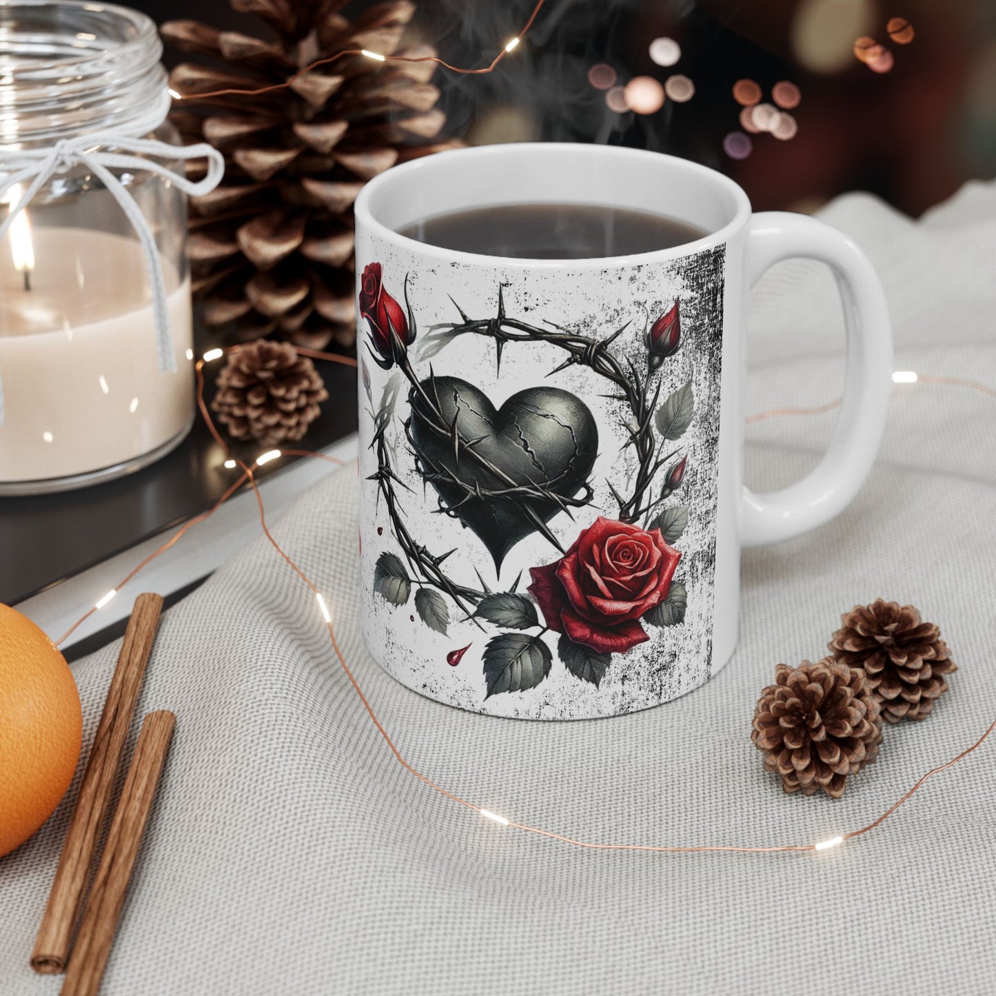 Valentine Ceramic Mug - "Will You Be My Valentine" Gothic Red Rose & Thorn Design with 'Valentine' Hearts (11oz/15oz)