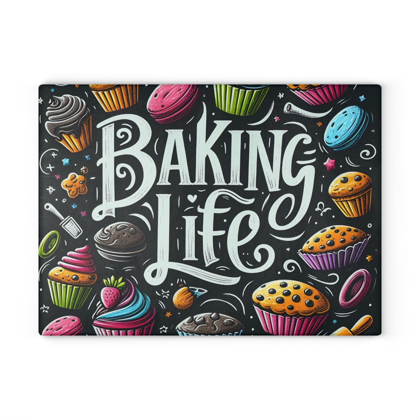 Baking Life Glass Cutting Board - Colorful Culinary Art for Baking Enthusiasts