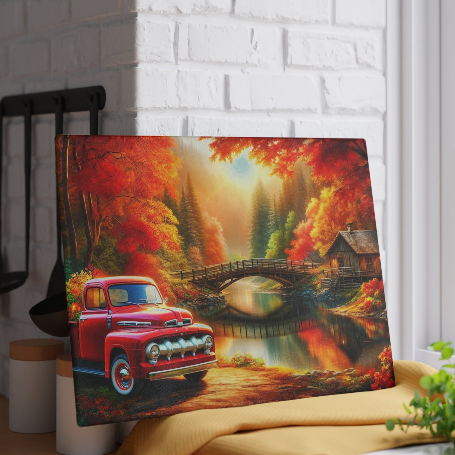 Rustic Autumn Glass Cutting Board with Vintage Truck Design