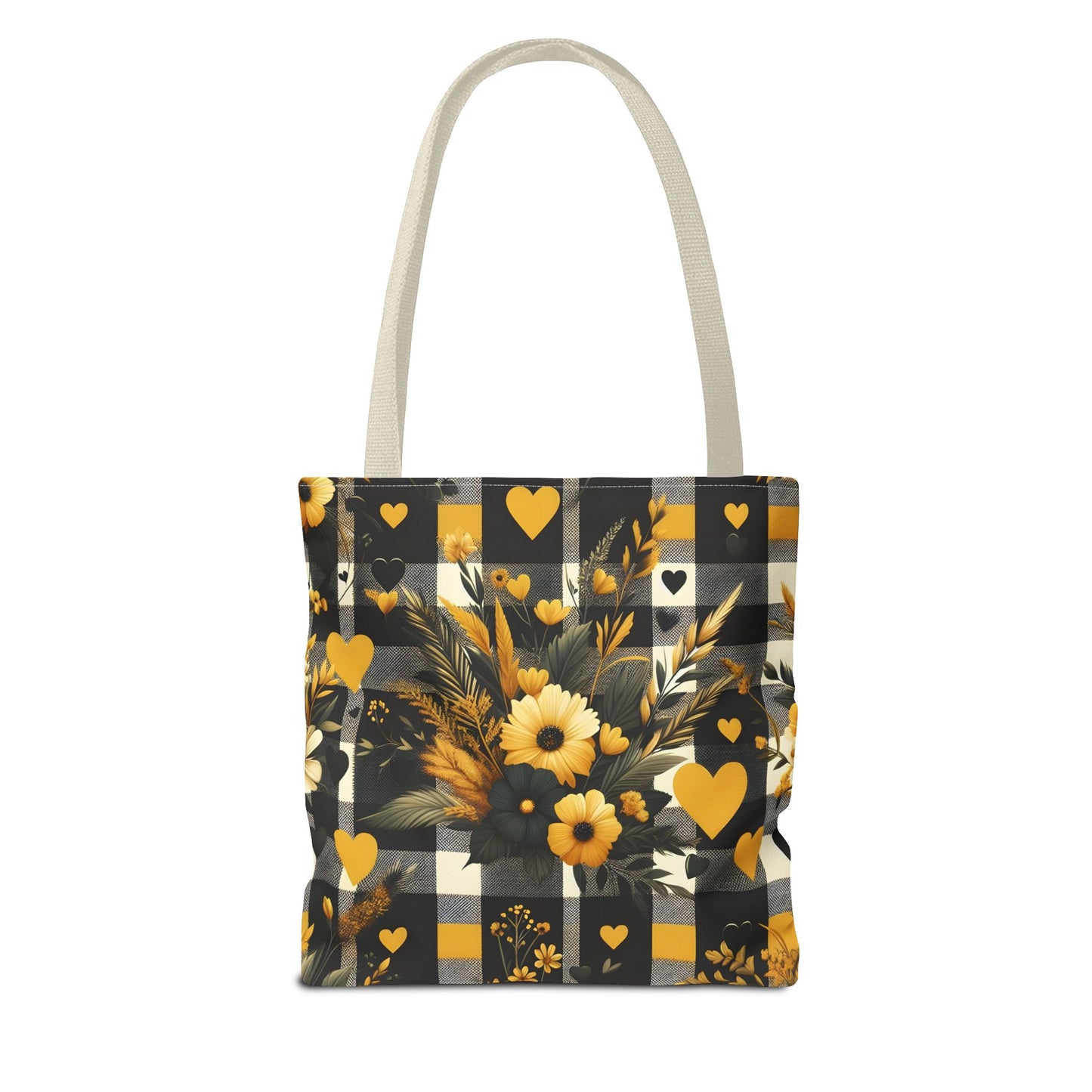 Stylish Yellow and Black Plaid Pattern with Floral and Hearts Tote Bag(AOP)