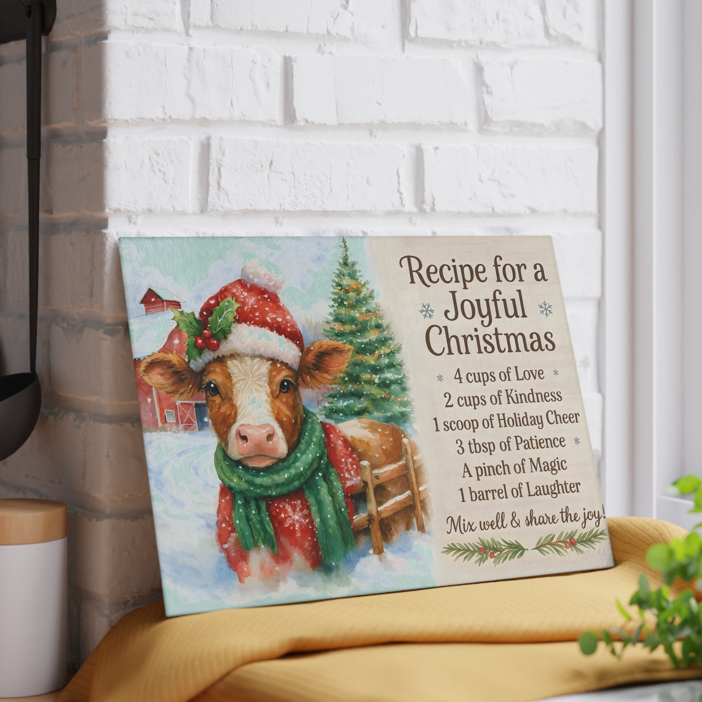 Holiday Recipe Glass Cutting Board - Joyful Christmas Design