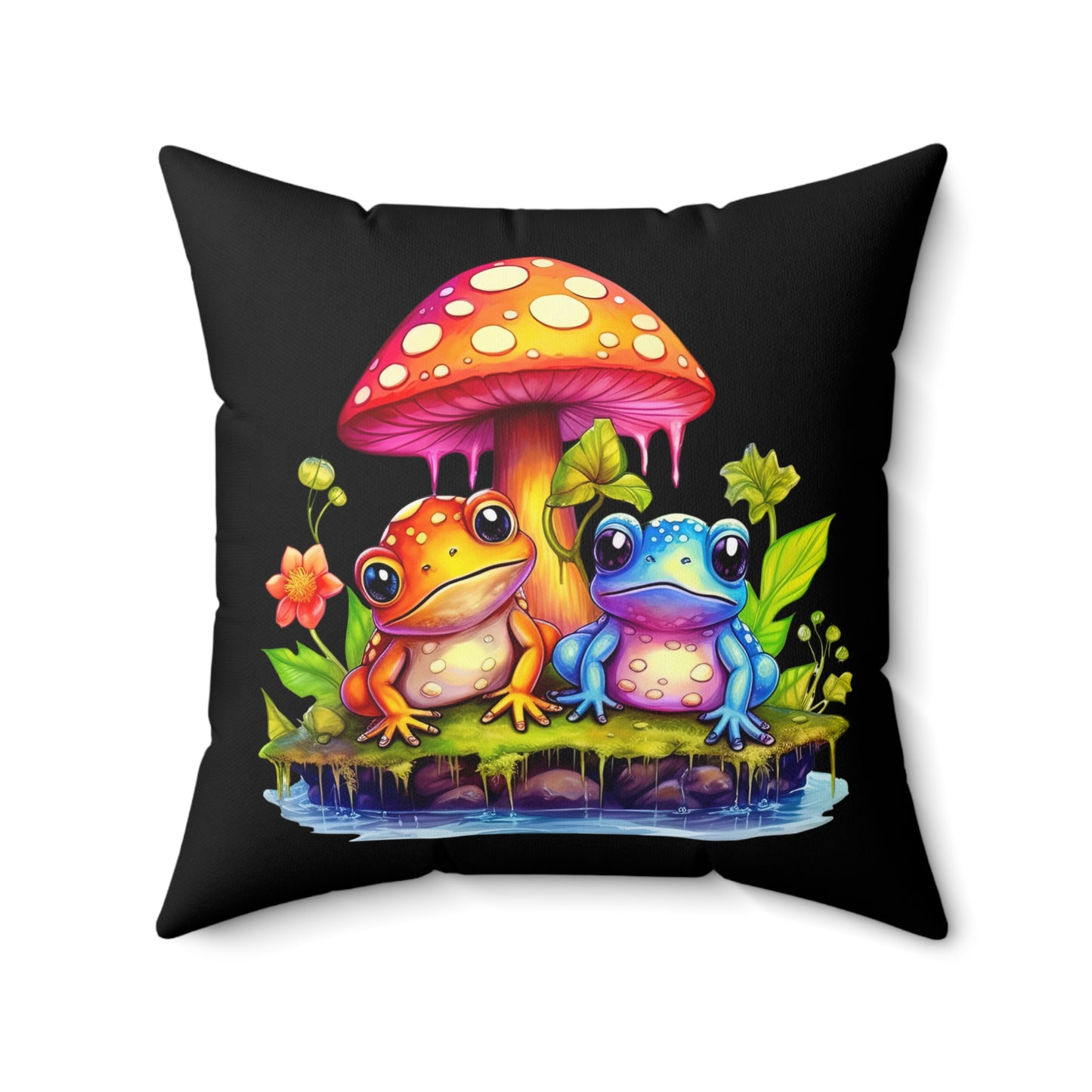 Mushroom with Frogs Spun Polyester Square Pillow, Stylish Mushroom with Frogs Decor for Home or Office, Great Gift Idea for Any Occasion