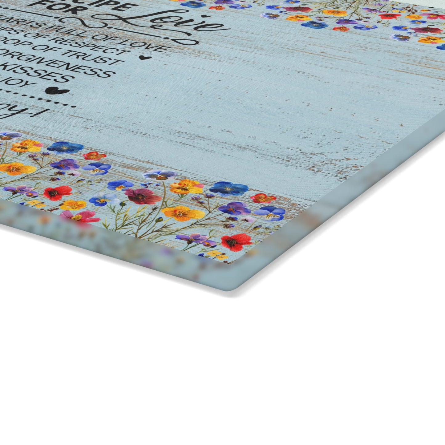 Glass Cutting Board - "Recipe for Love" Floral Kitchen Decor, Decorative Tempered Glass Chopping Board, Wedding & Mother’s Day Gift