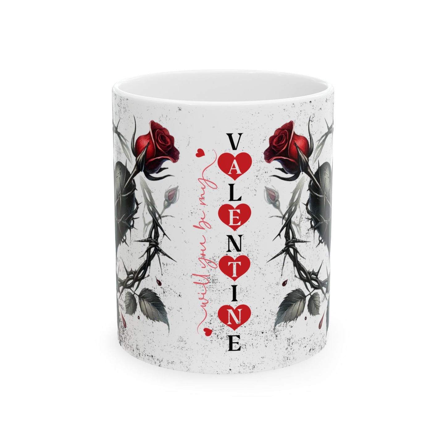 Valentine Ceramic Mug - 'Will You Be My Valentine' Gothic Rose & Thorn Design (11oz/15oz)