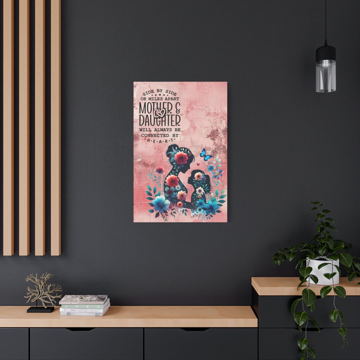 Mother-Daughter Love With Floral And Butterfly Canvas Wall Art Print