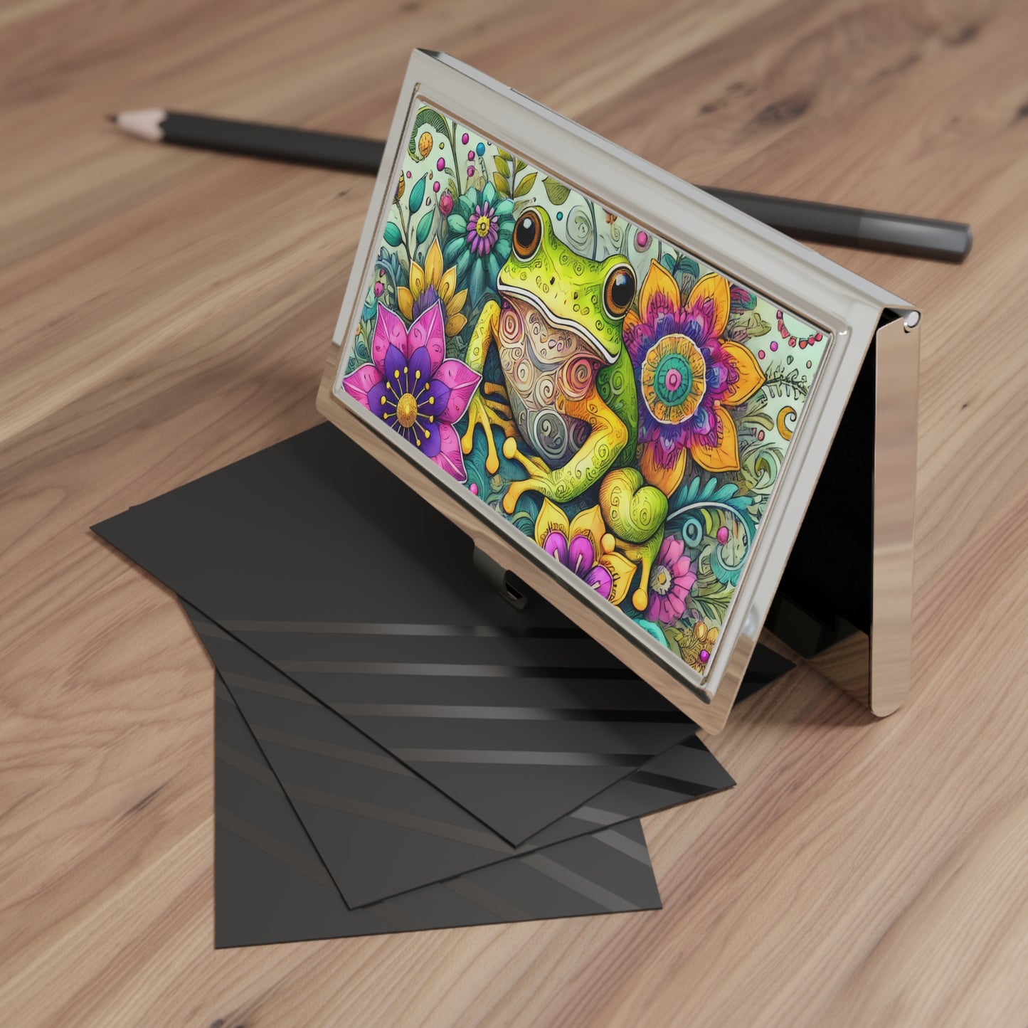 Frog & Floral Business Card Holder — Colorful Whimsical Desk Accessory