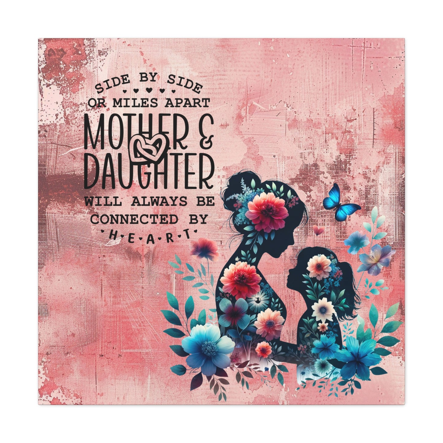 Mother-Daughter Love With Floral And Butterfly Canvas Wall Art Print