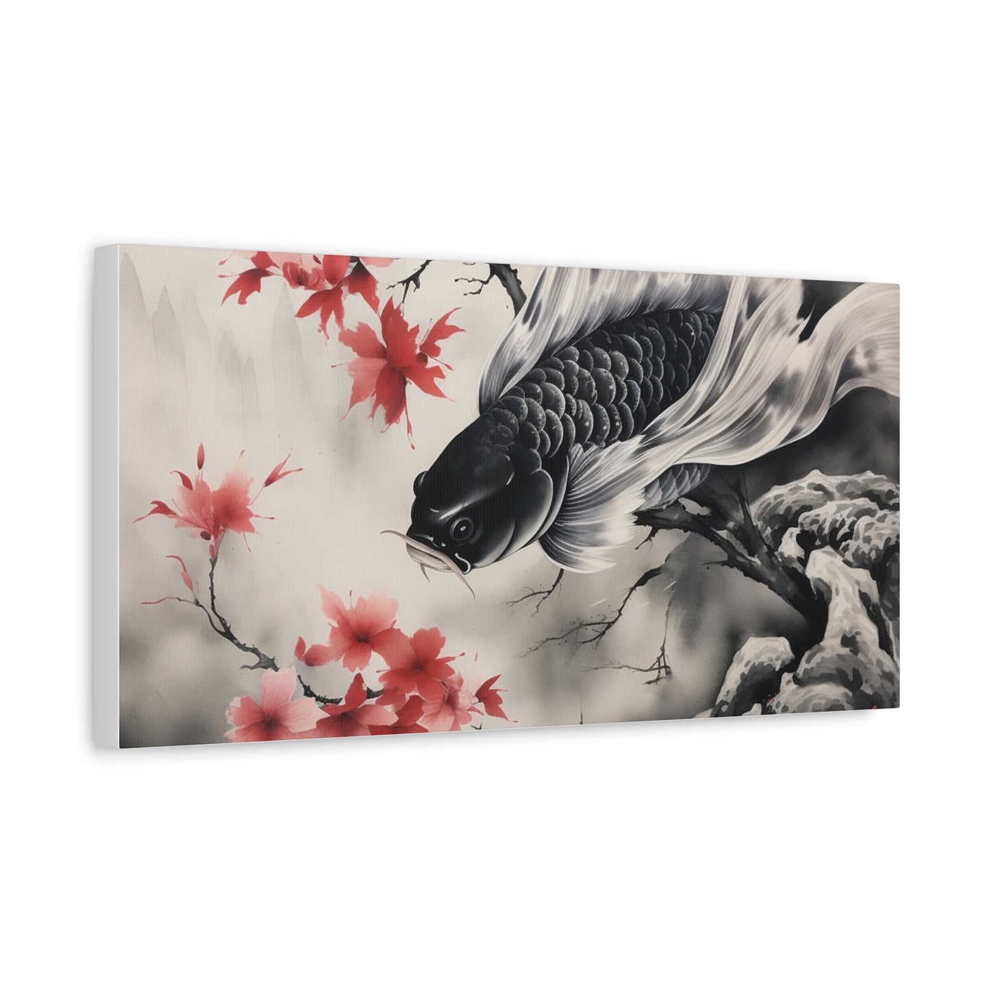 Koi Fish Artwork Canvas Wall Art Print - Elegant Decorative Wall Art with Cherry Blossoms