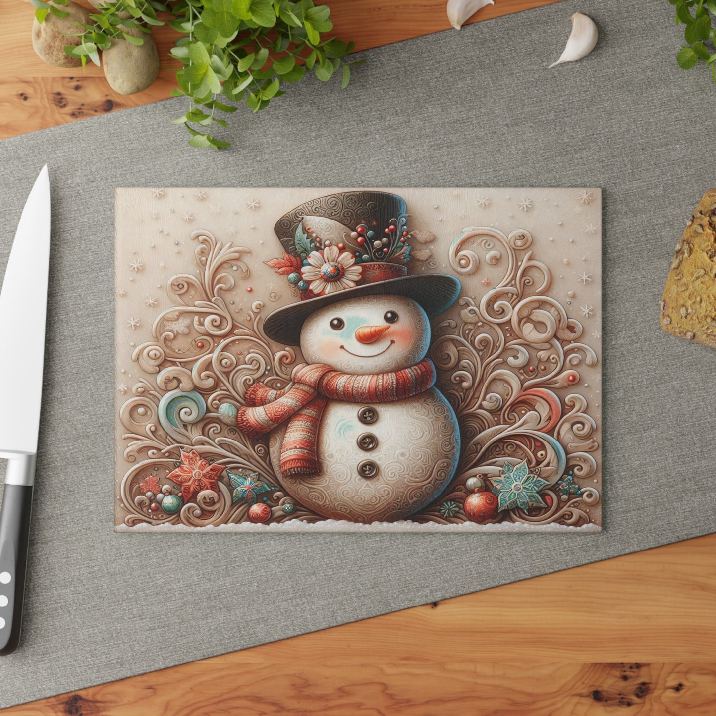 Holiday Snowman Glass Cutting Board