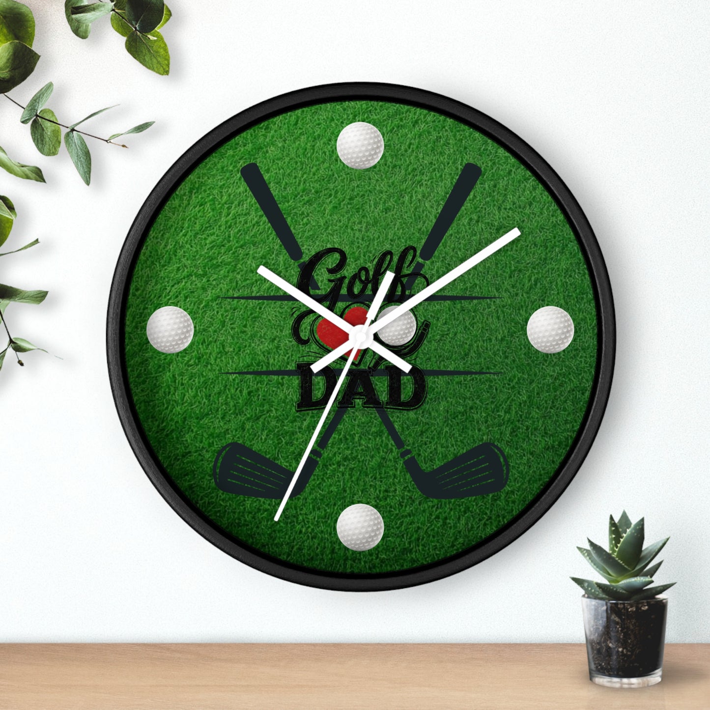 Golf Dad Wall Clock - Green Turf with Golf Ball & Clubs Father's Day Clock