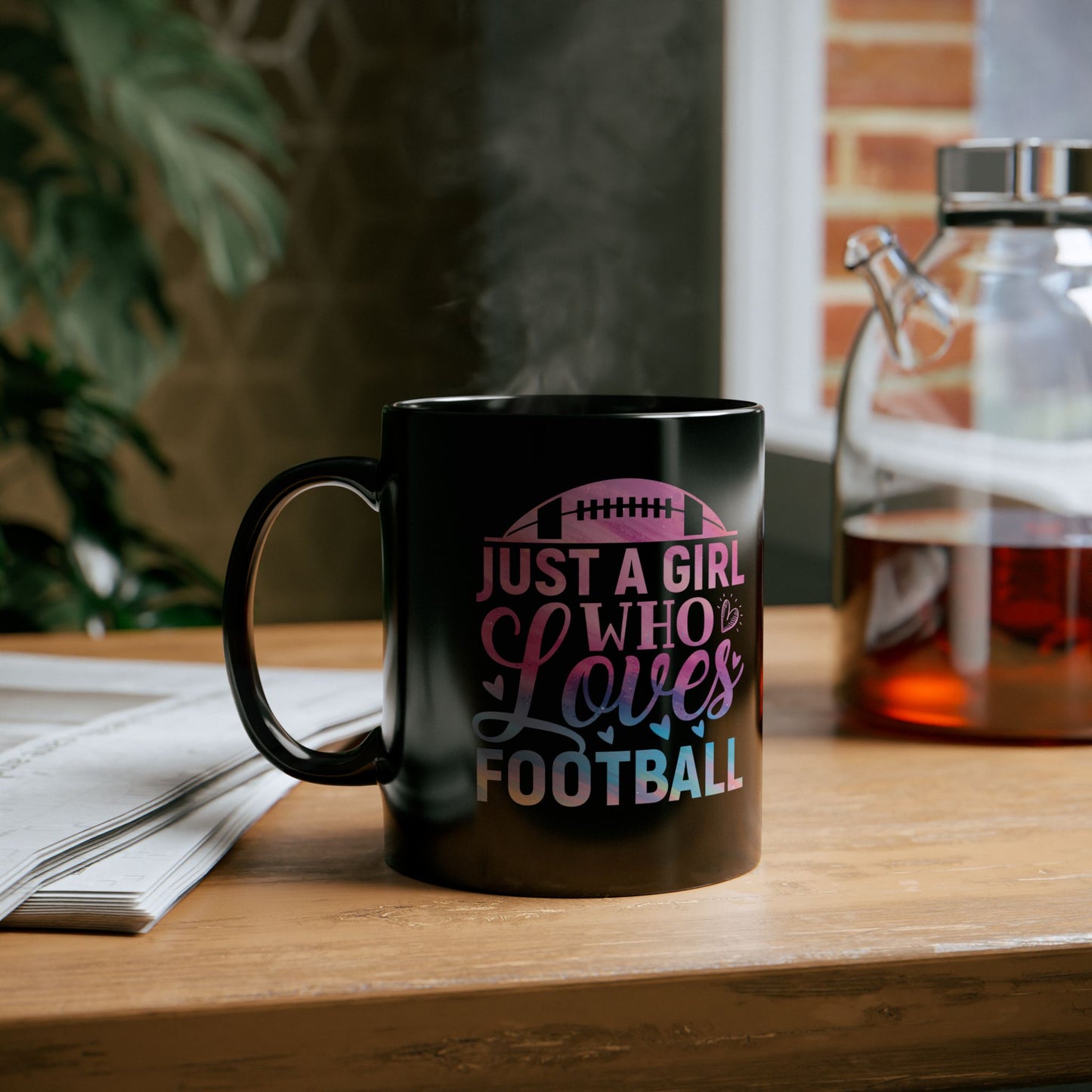 Football Theme for Her Black Mug (11oz, 15oz), Cute Football Quote, Hot Chocolate, Tea, Coffee Lovers, Football Lovers, Great Gift Idea for Any Occasion for Her