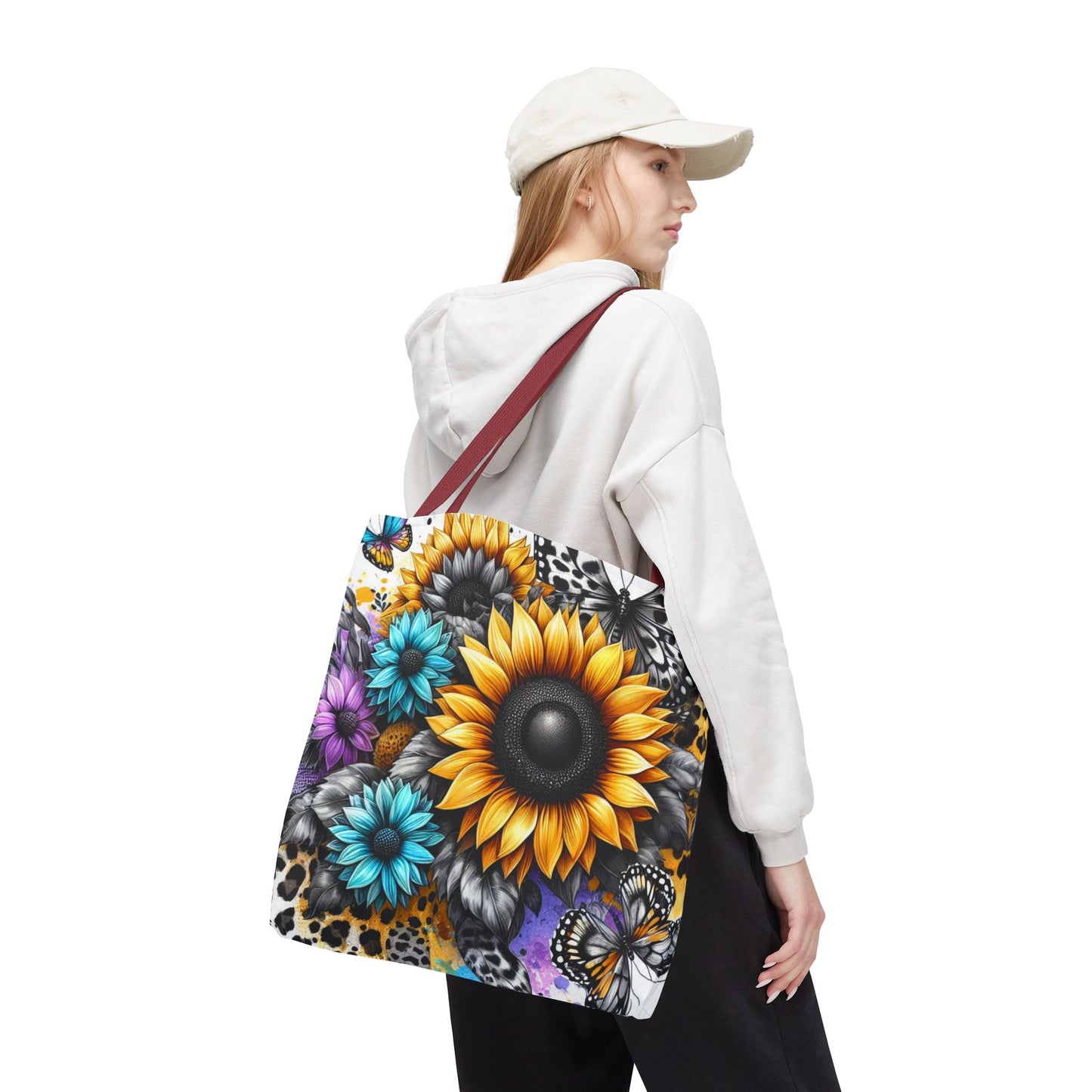 Sunflower & Butterfly Tote Bag — Colorful Floral All-Over Print