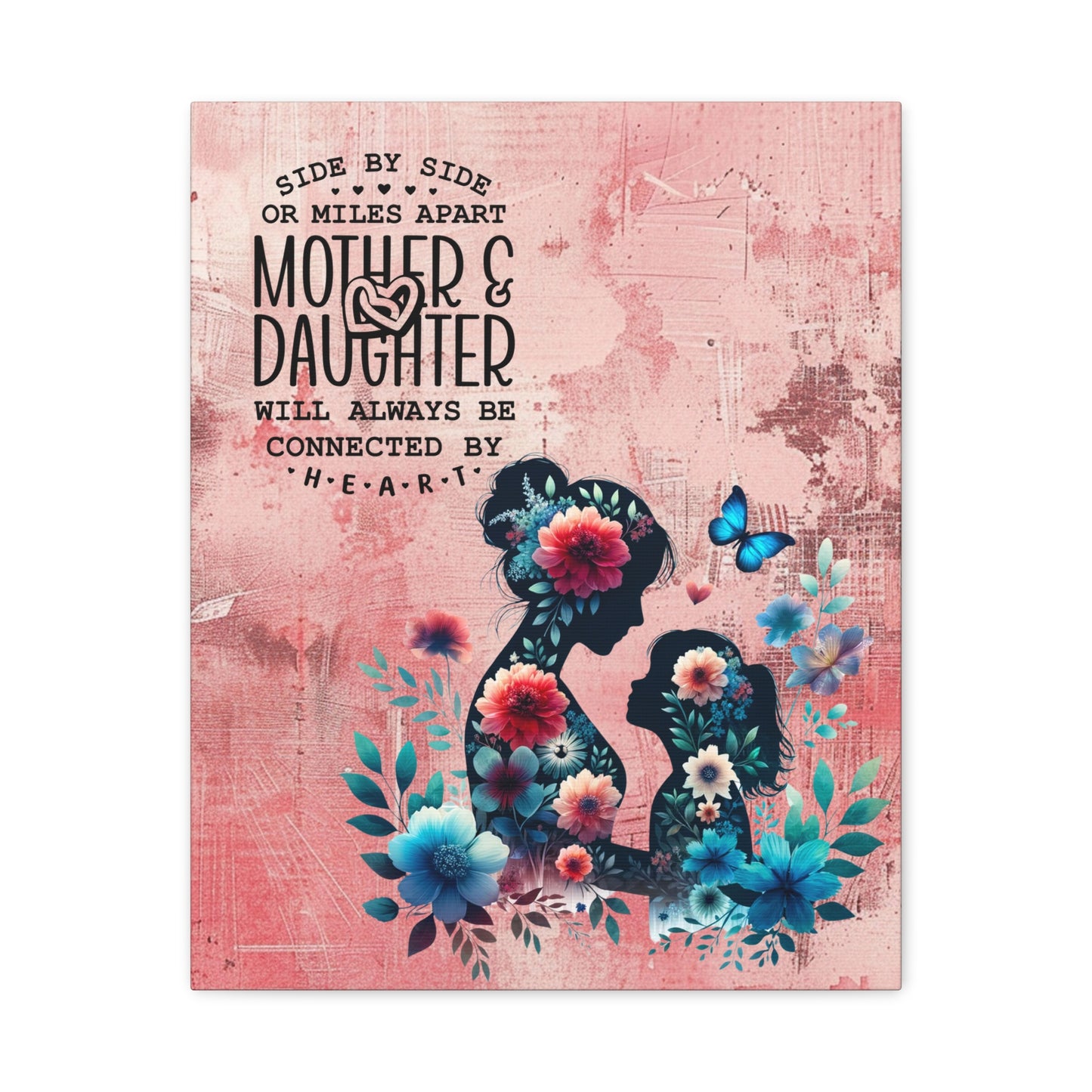Mother-Daughter Love With Floral And Butterfly Canvas Wall Art Print