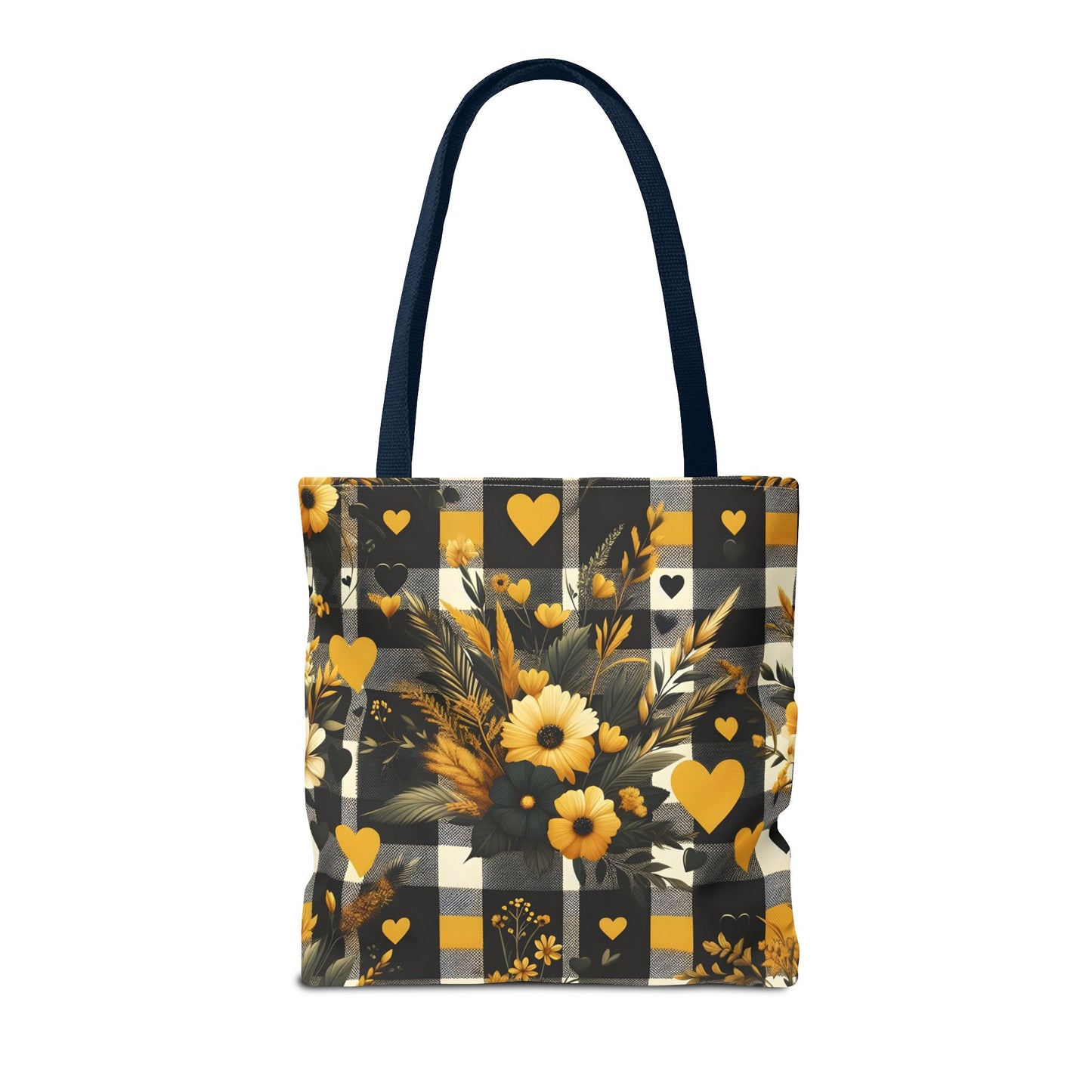 Stylish Yellow and Black Plaid Pattern with Floral and Hearts Tote Bag(AOP)