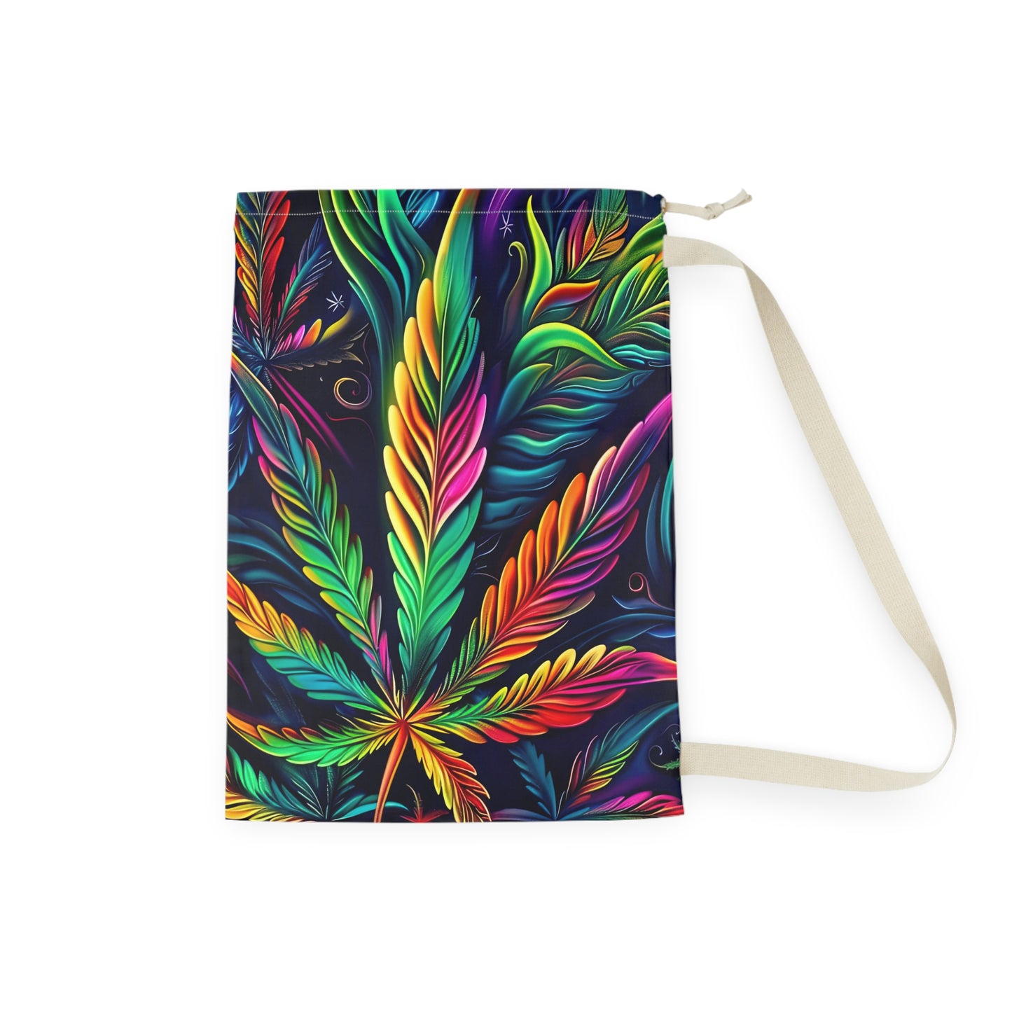 Vibrant Rainbow Botanical Leaf Laundry Bag — Boho Hippie Drawstring Tote for Dorms & Travel