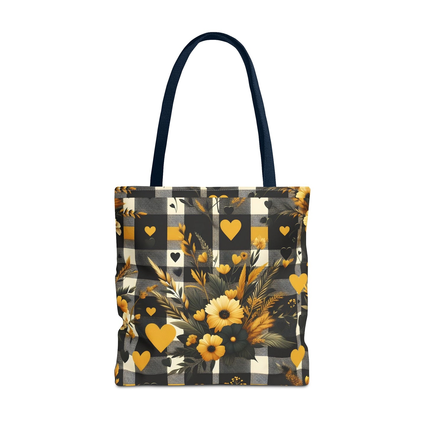 Stylish Yellow and Black Plaid Pattern with Floral and Hearts Tote Bag(AOP)