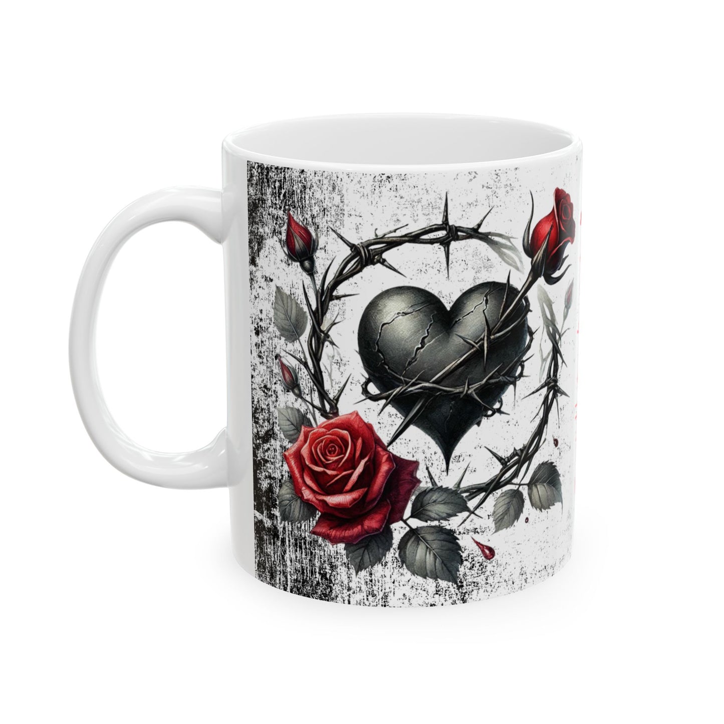 Valentine Ceramic Mug - "Will You Be My Valentine" Gothic Red Rose & Thorn Design with 'Valentine' Hearts (11oz/15oz)