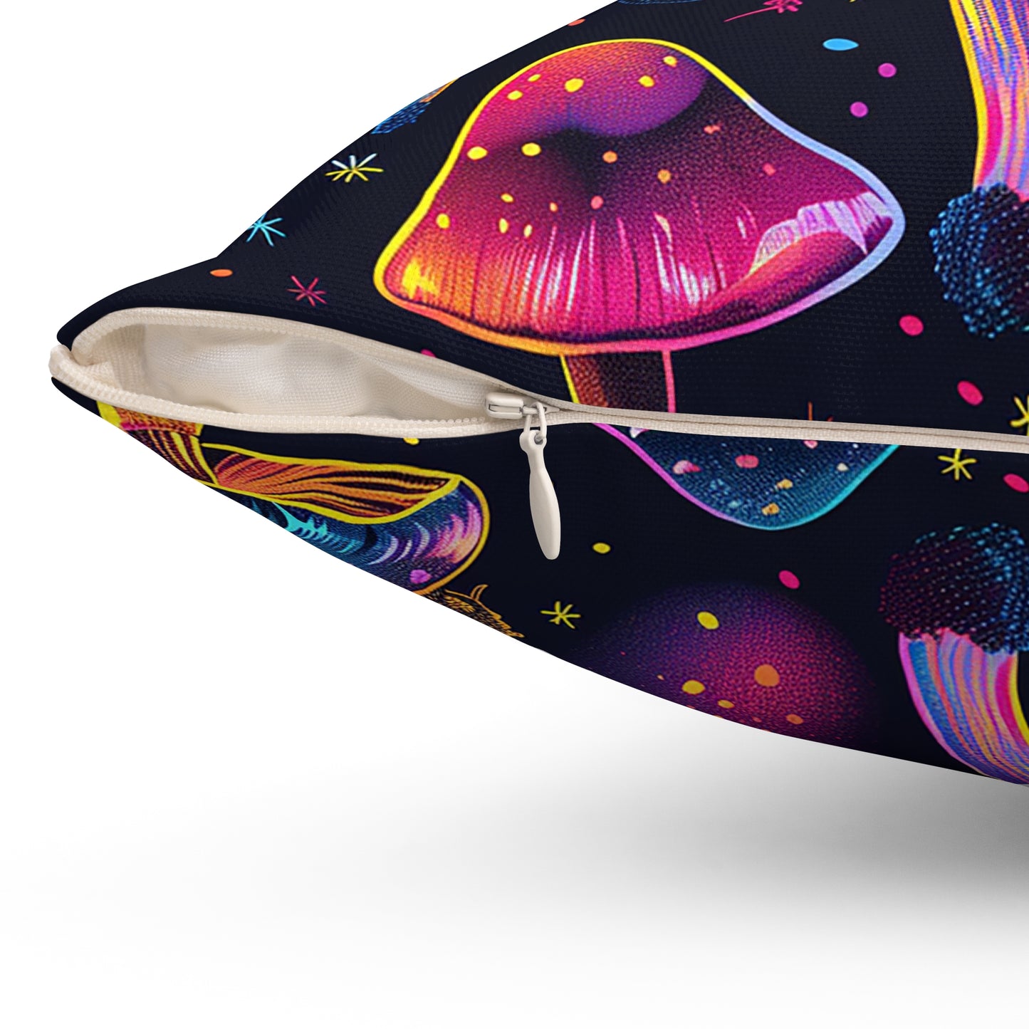 Neon Mushroom Pattern Spun Polyester Square Pillow, Stylish Neon Mushroom Decor for Home or Office, Great Gift Idea for Occasion for Anyone