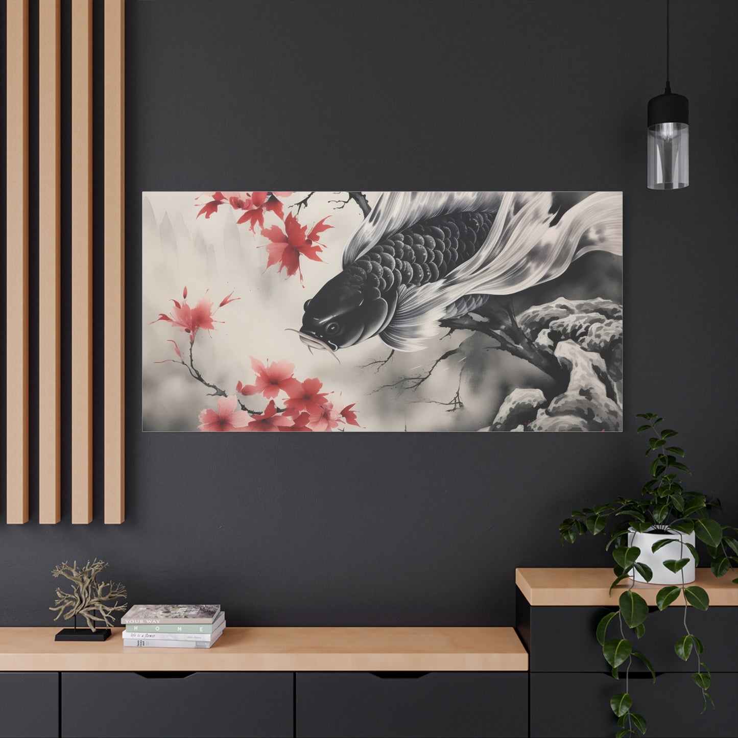 Koi Fish Artwork Canvas Wall Art Print - Elegant Decorative Wall Art with Cherry Blossoms