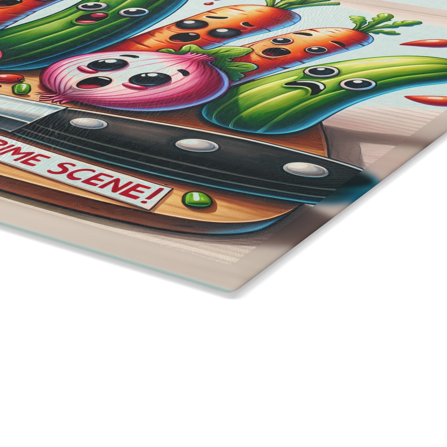Whimsical Glass Cutting Board - ‘Crime Scene’ Vegetable Design for Fun Cooking
