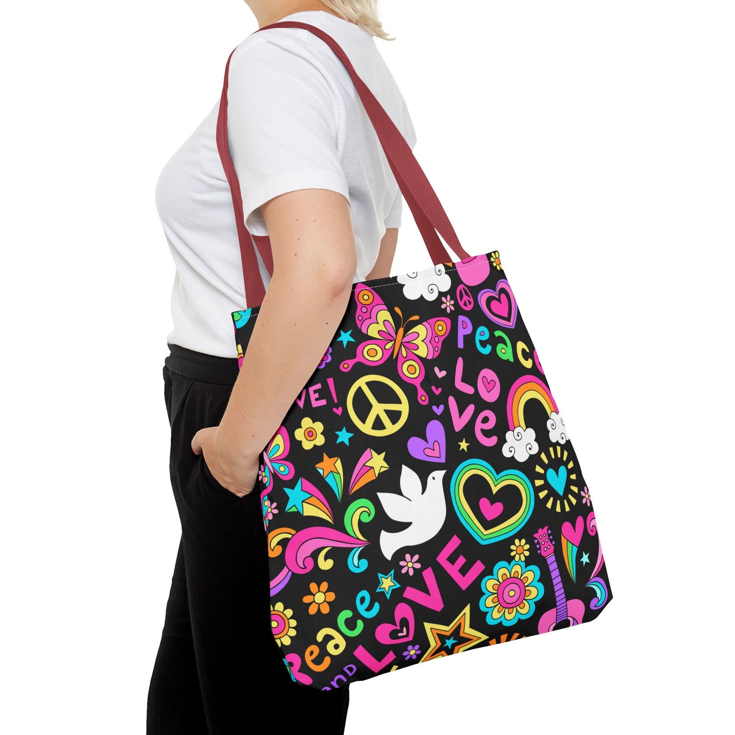 Fashionable Tote Bag (AOP), Stylish, Peace Lovers, Hippie Theme, Great Gift Idea for Birthdays, Holidays or Any Occasion for Anyone