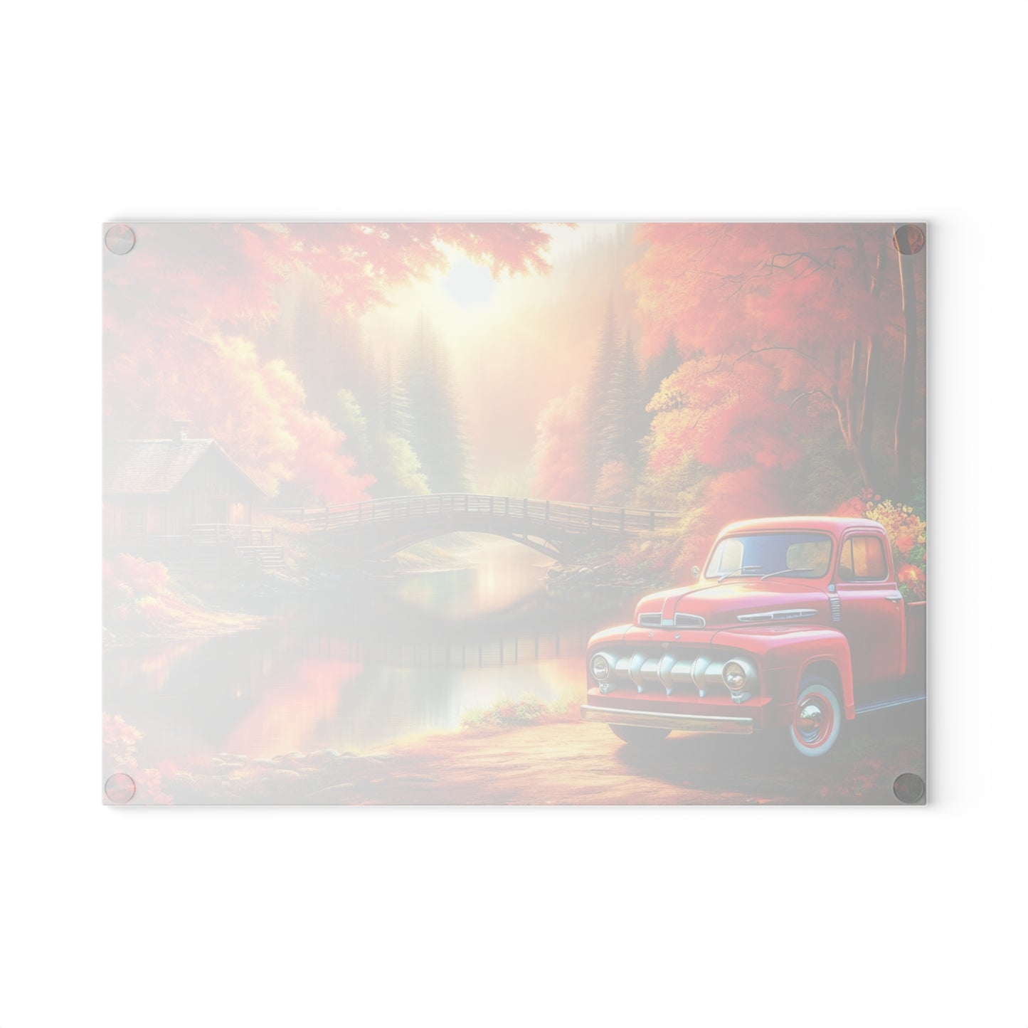Rustic Autumn Glass Cutting Board with Vintage Truck Design