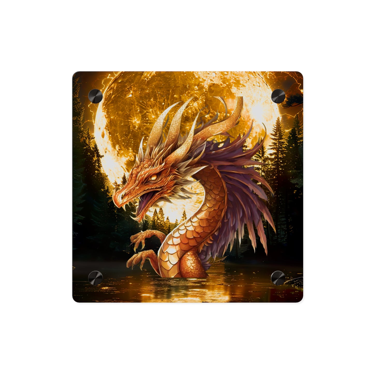 Gothic Theme Acrylic Wall Art Panel, Purple Dragon with Moon Background, Dragon Lovers, For Anyone, Accent for Any Room