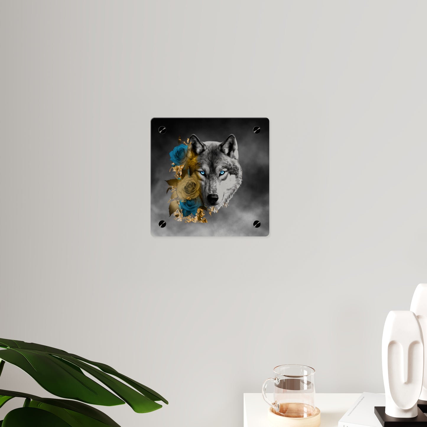 Lively Wolf Acrylic Wall Art Panel - Blue Roses Decor