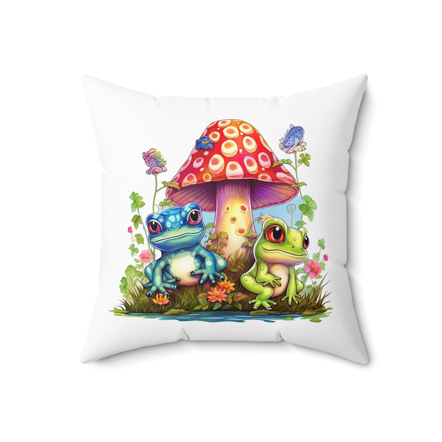 Decorative Spun Polyester Square Pillow, Stylish Mushroom and Frogs Decor for Home or Office, Great Gift Idea for Any Occasion for Anyone