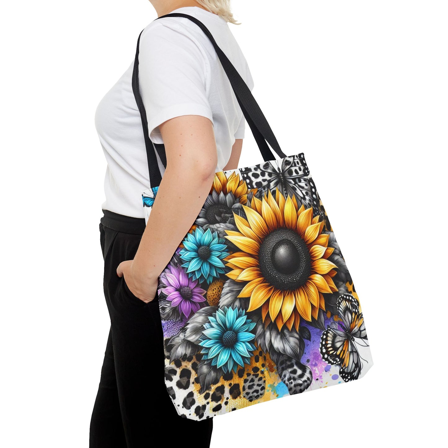 Sunflower & Butterfly Tote Bag — Colorful Floral All-Over Print