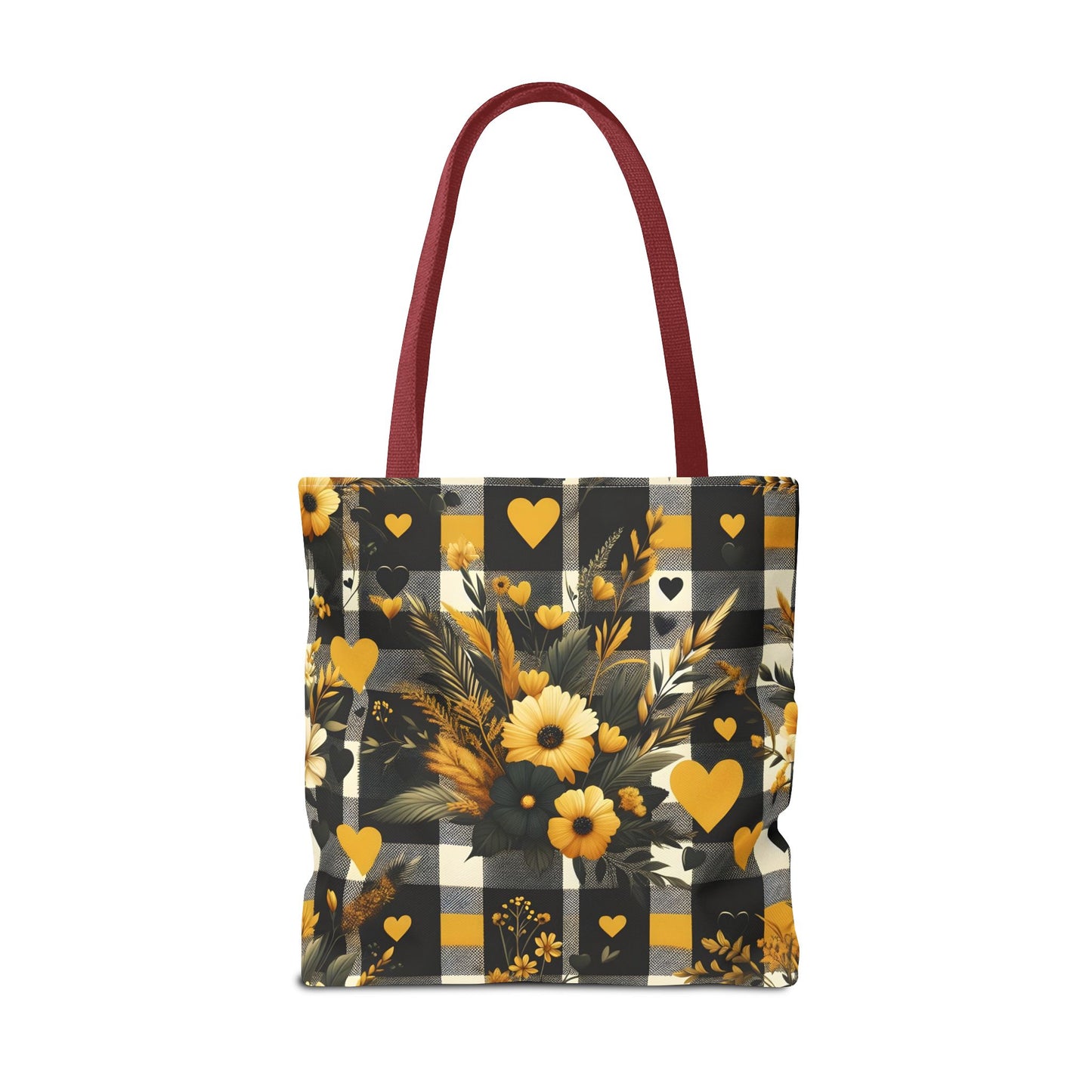 Stylish Yellow and Black Plaid Pattern with Floral and Hearts Tote Bag(AOP)