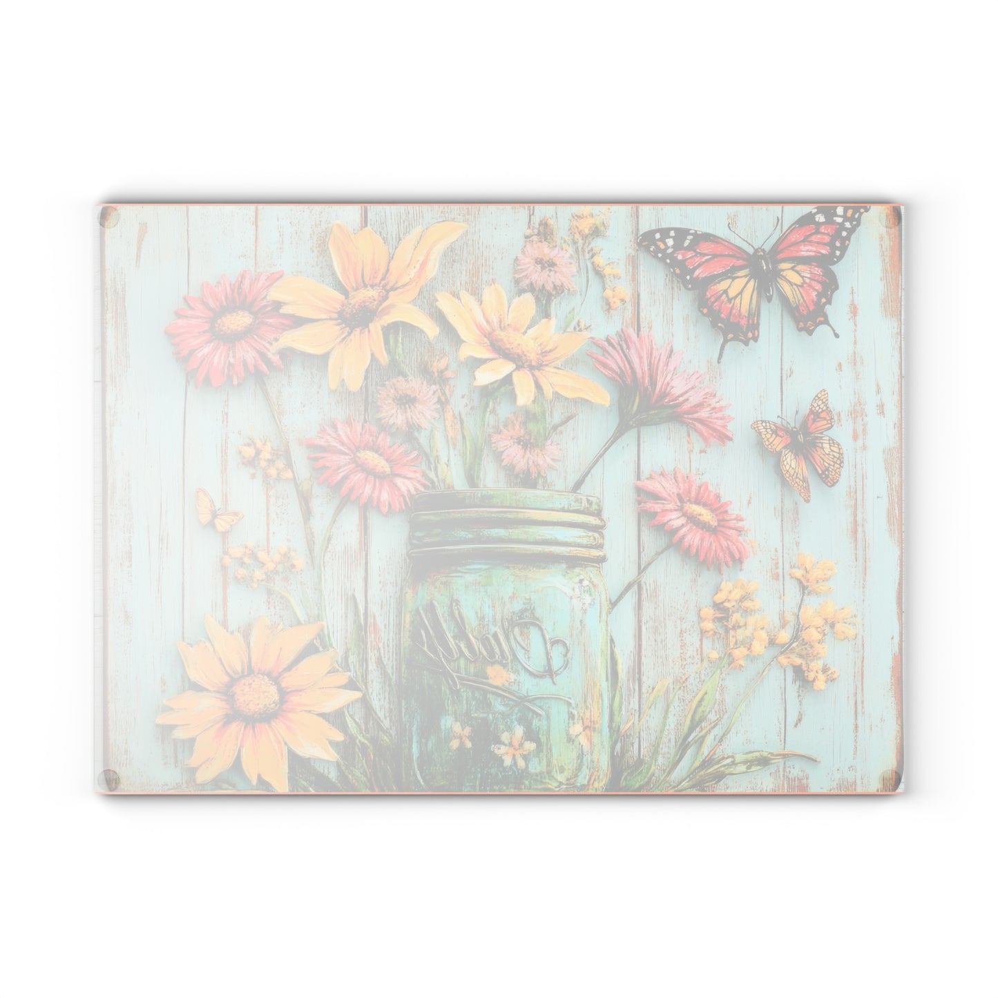 Floral Mason Jar Glass Cutting Board - Rustic Charm