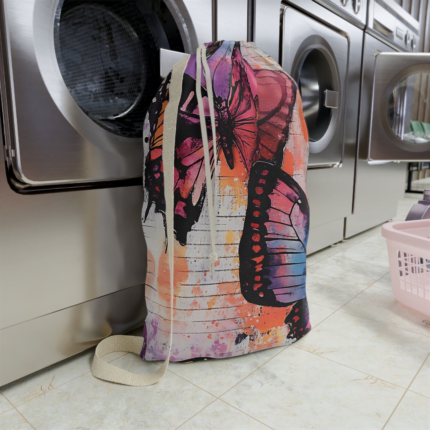 Butterfly Watercolor Laundry Bag — Colorful Travel & Dorm Wash Sack