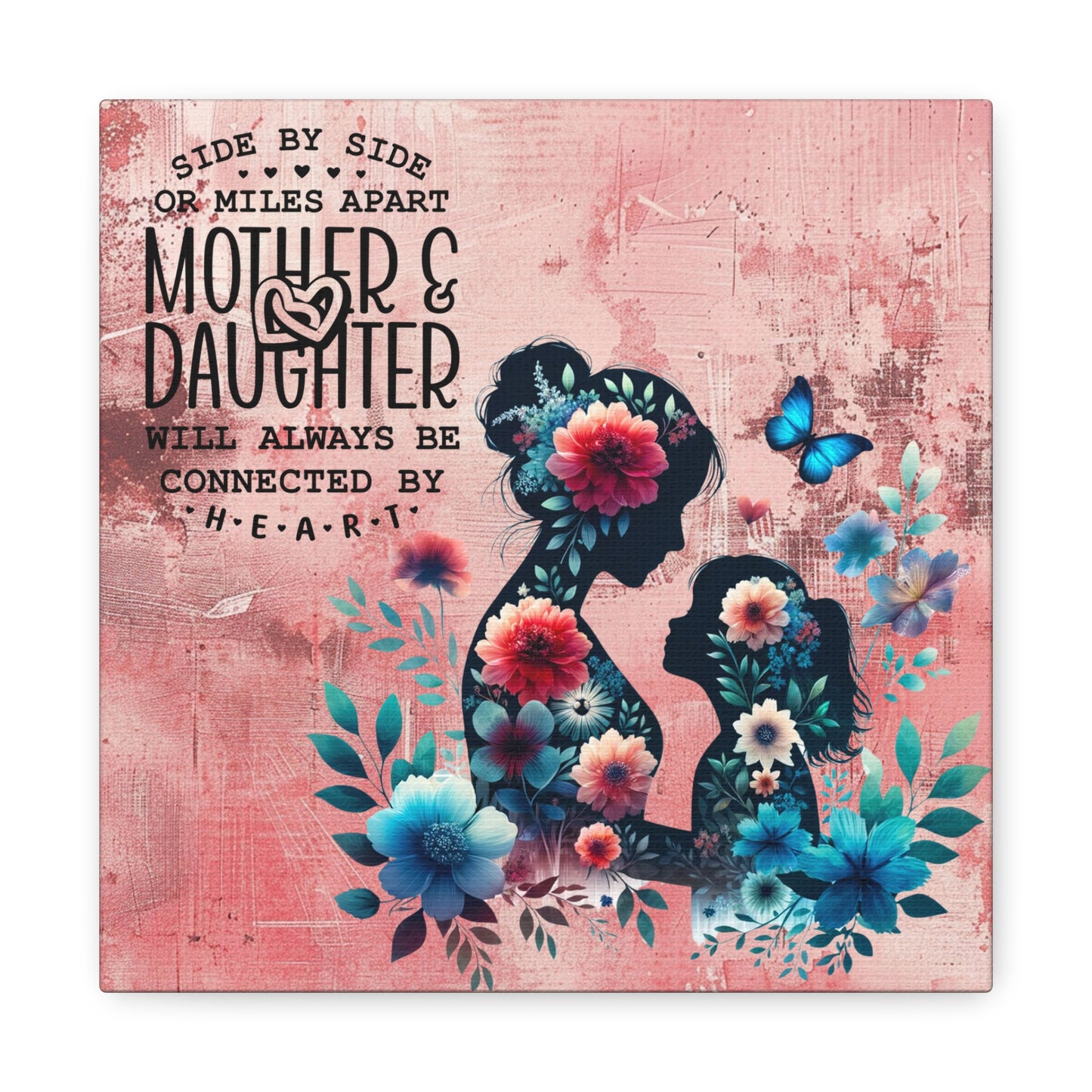 Mother-Daughter Love With Floral And Butterfly Canvas Wall Art Print
