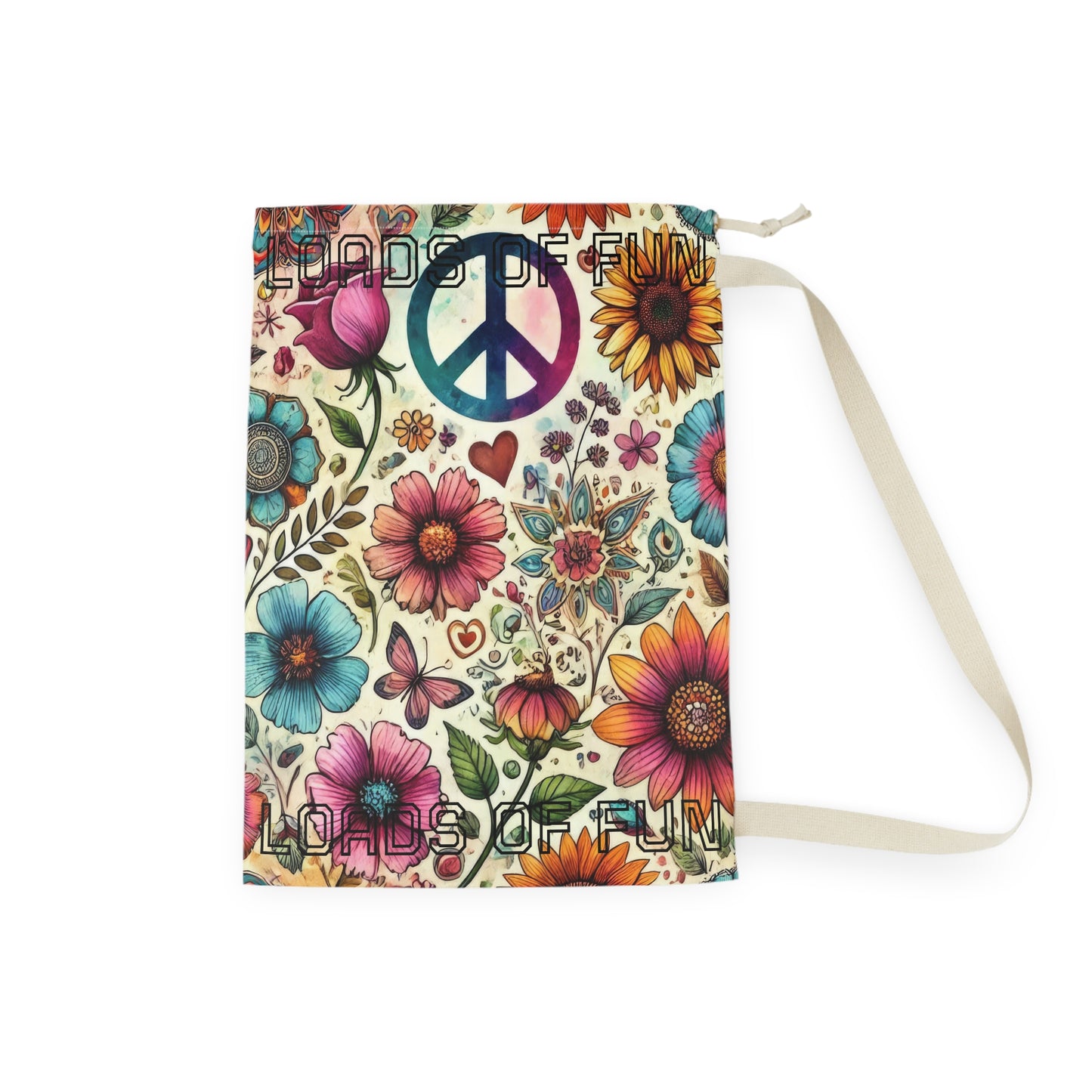 Peace & Flowers Laundry Bag — Boho Floral Drawstring Bag for Travel & Dorm - "Loads of Fun" saying