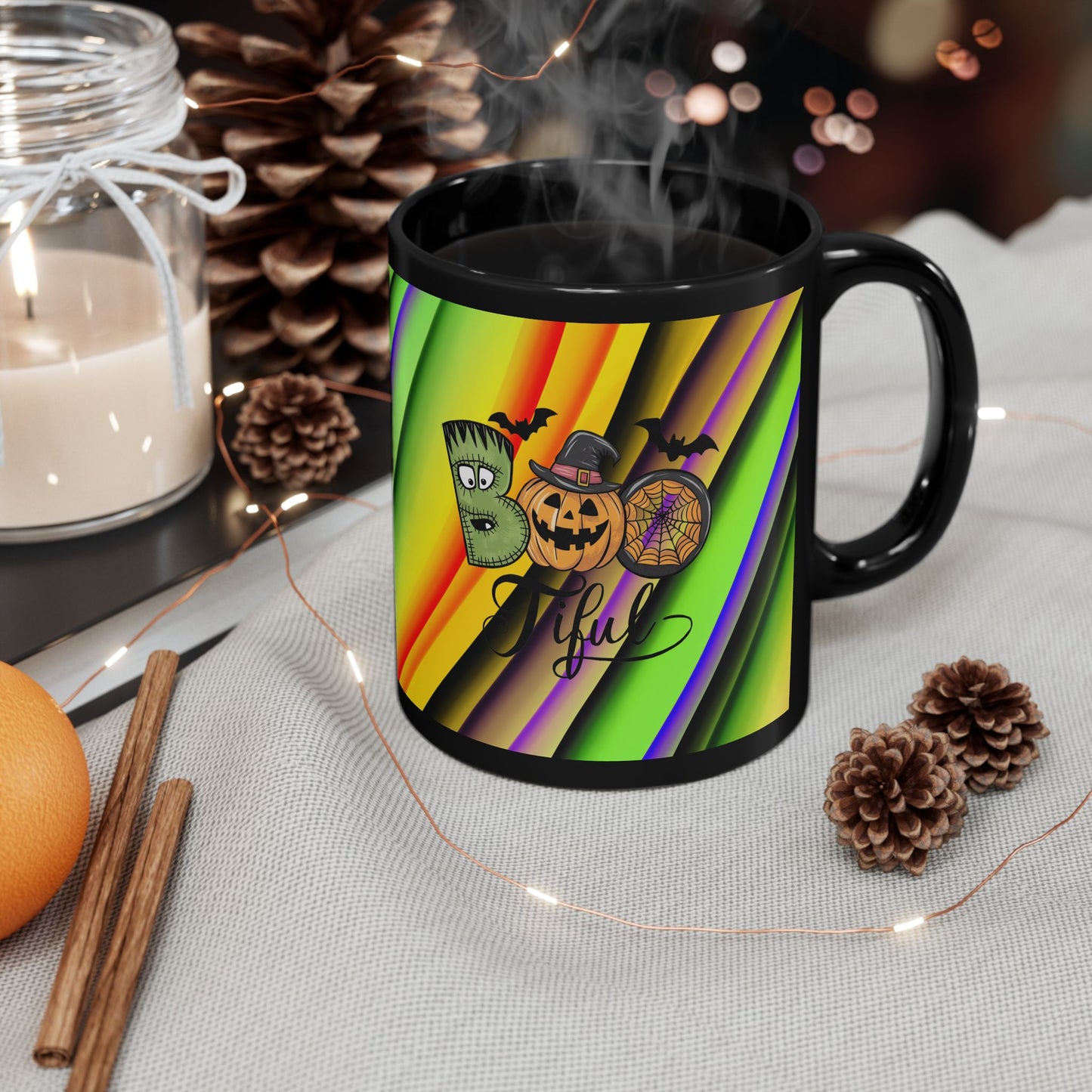 Halloween Theme Black Mug (11oz, 15oz), Cute Halloween Expression, Halloween Lovers, Coffee, Tea, Hot Chocolate Lovers, Great Gift Idea for Anyone